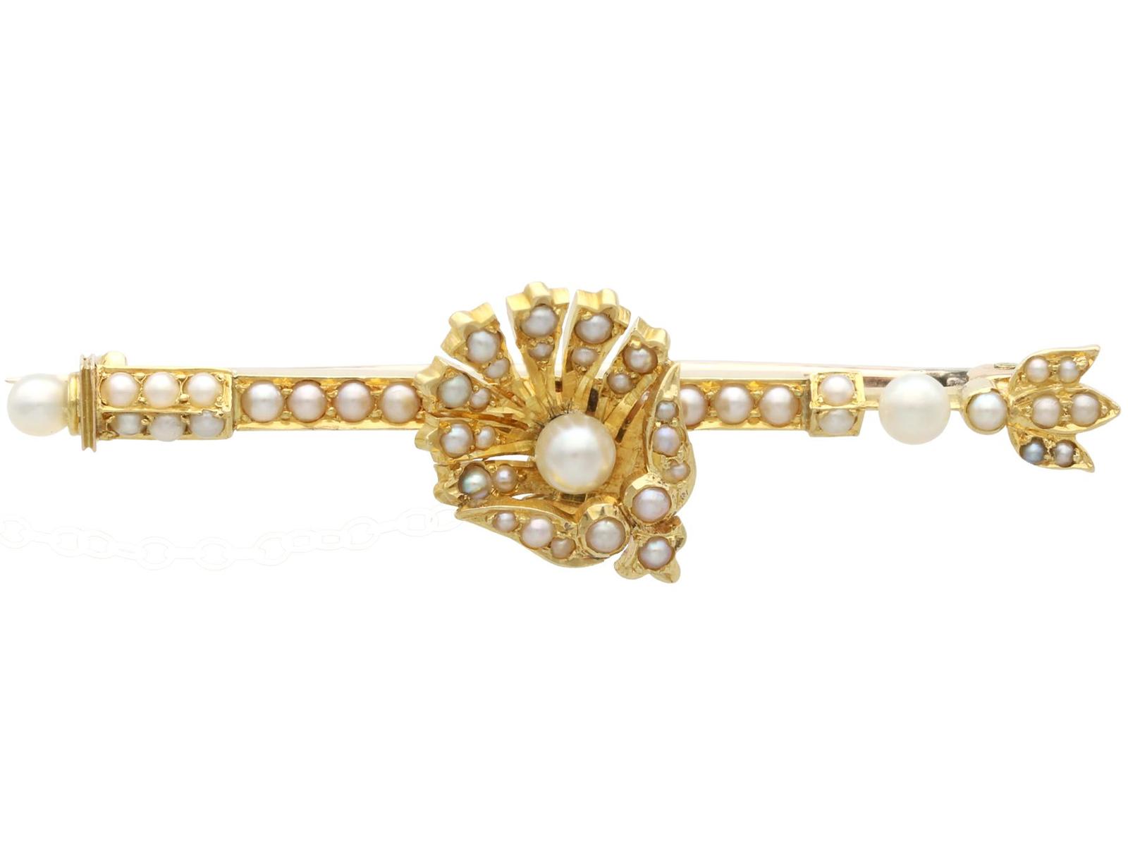 Seed Pearl & 14ct Yellow Gold Bar Brooch - Antique c.1890 (1 of 9)