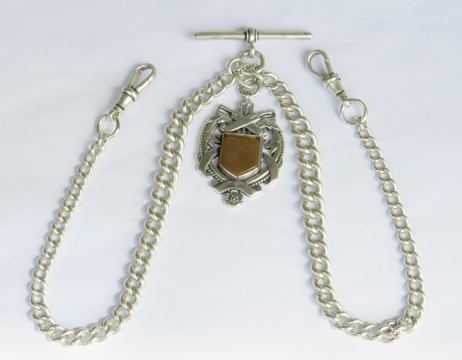 Antique Silver Double Watch Chain & Cricket Fob (1 of 4)