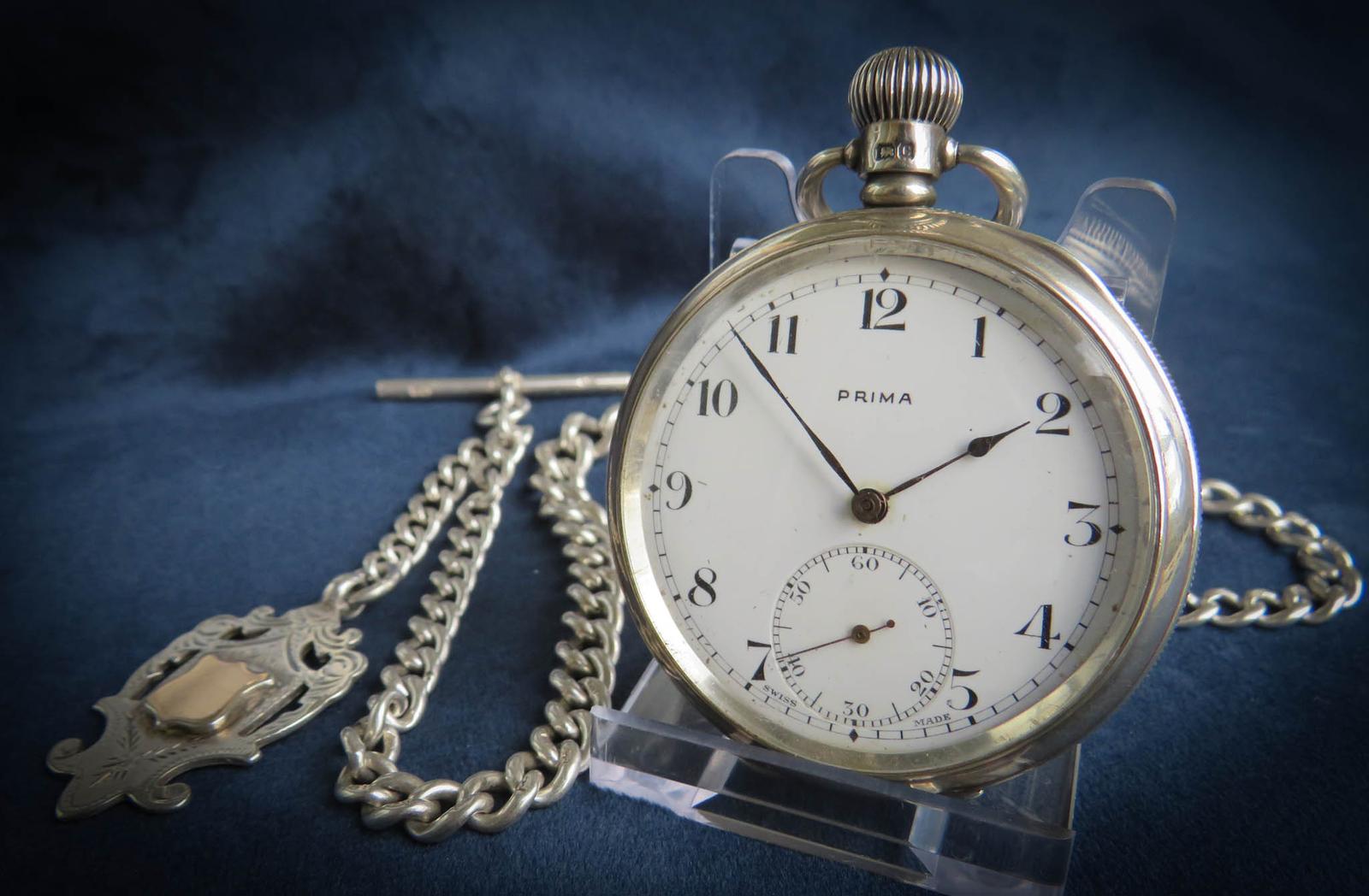 Pocket Watch : Antique Silver Revue Prima Pocket Watch & Chain (1 of 7)