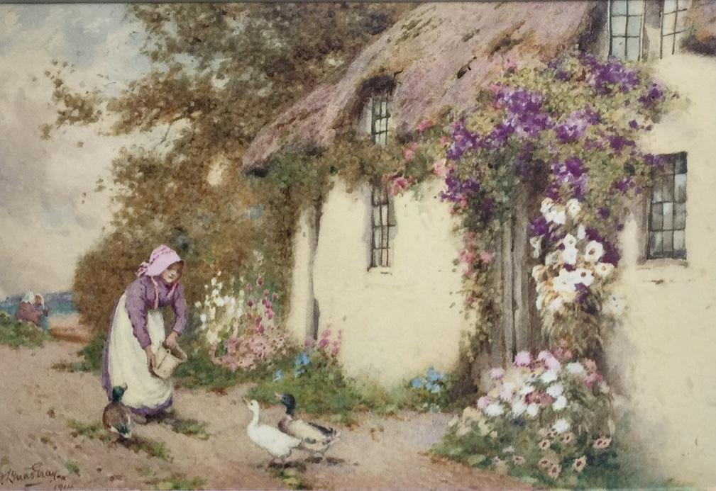 John Abernethy Lynas-Gray Watercolour ‘ Girl Feeding Ducks in Front of Cottage’ (1 of 2) John Abernethy Lynas-Gray Watercolour ‘ Girl Feeding Ducks in Front of Cottage’ (1 of 2)