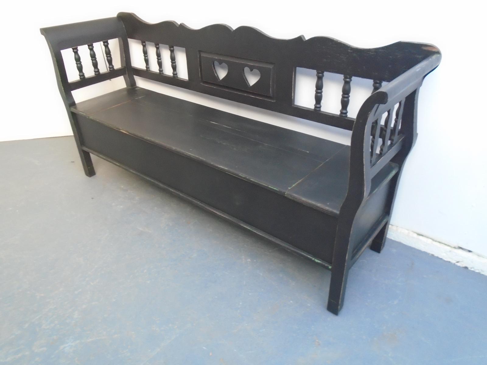 Black & Green Heart Motif Antique Pine 3 Seater Box Settle / Bench (1 of 9)