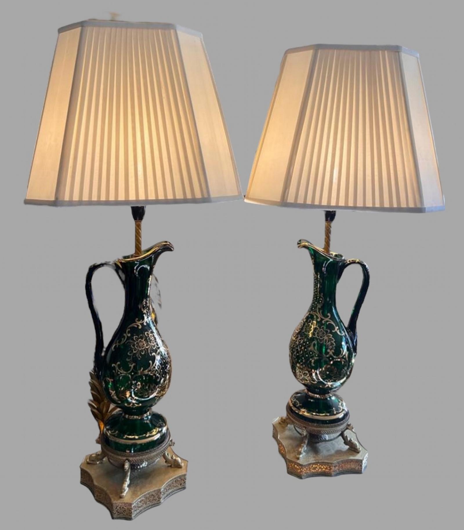 Pair of Bohemian Green Glass Claret Jug Lamps (1 of 6)