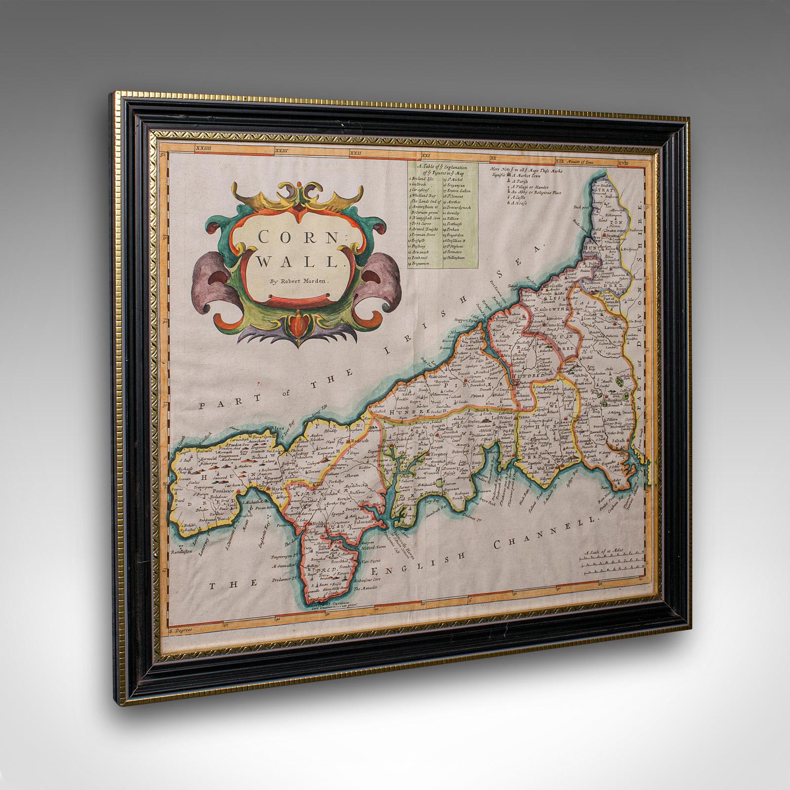 Antique County Map, Cornwall, Kernow, English, Framed - Robert Morden - Georgian (1 of 12)