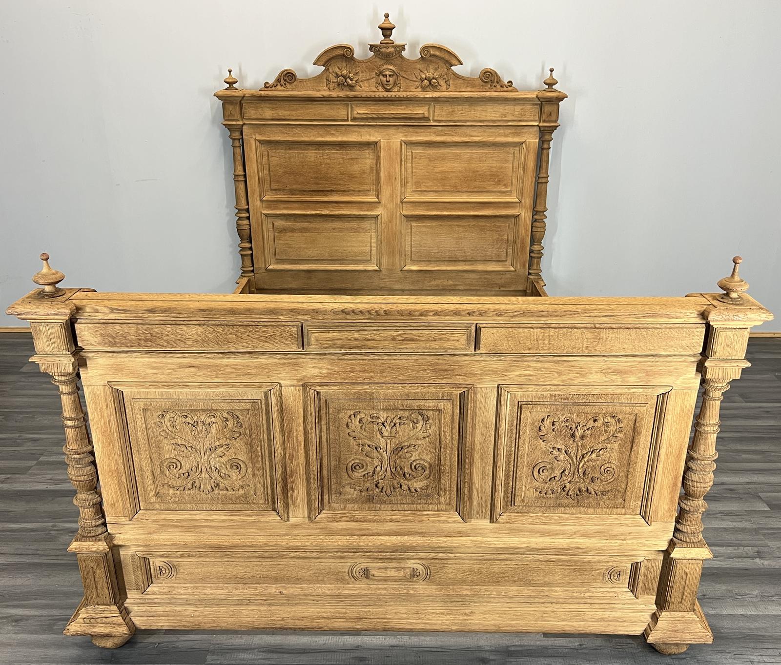 Bed Antique French Double Bed Frame Oak Carved Headboard (1 of 13)