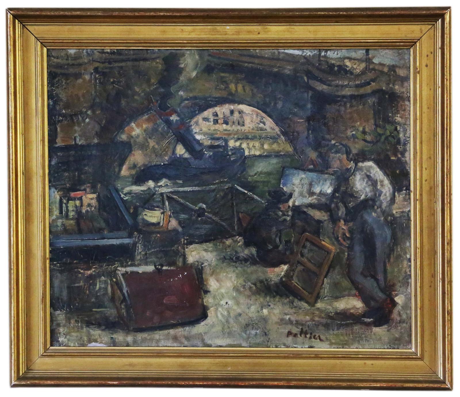 Large Oil on Canvas Painting Artwork by Pierre Peltier 1927 Vintage Antique Cityscape (1 of 8)