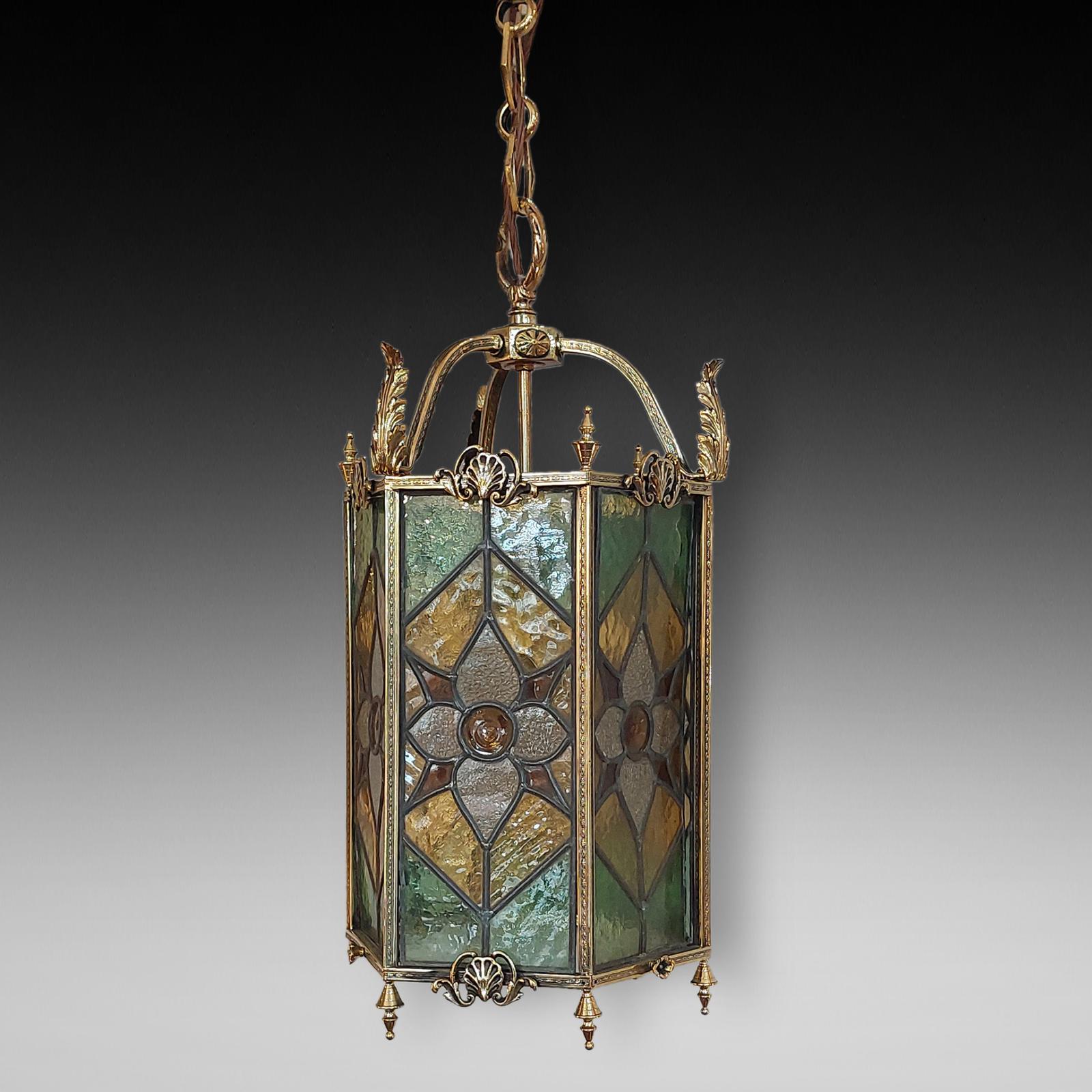 Early 20th Century Brass & Leaded Stained Glass Lantern (1 of 10)