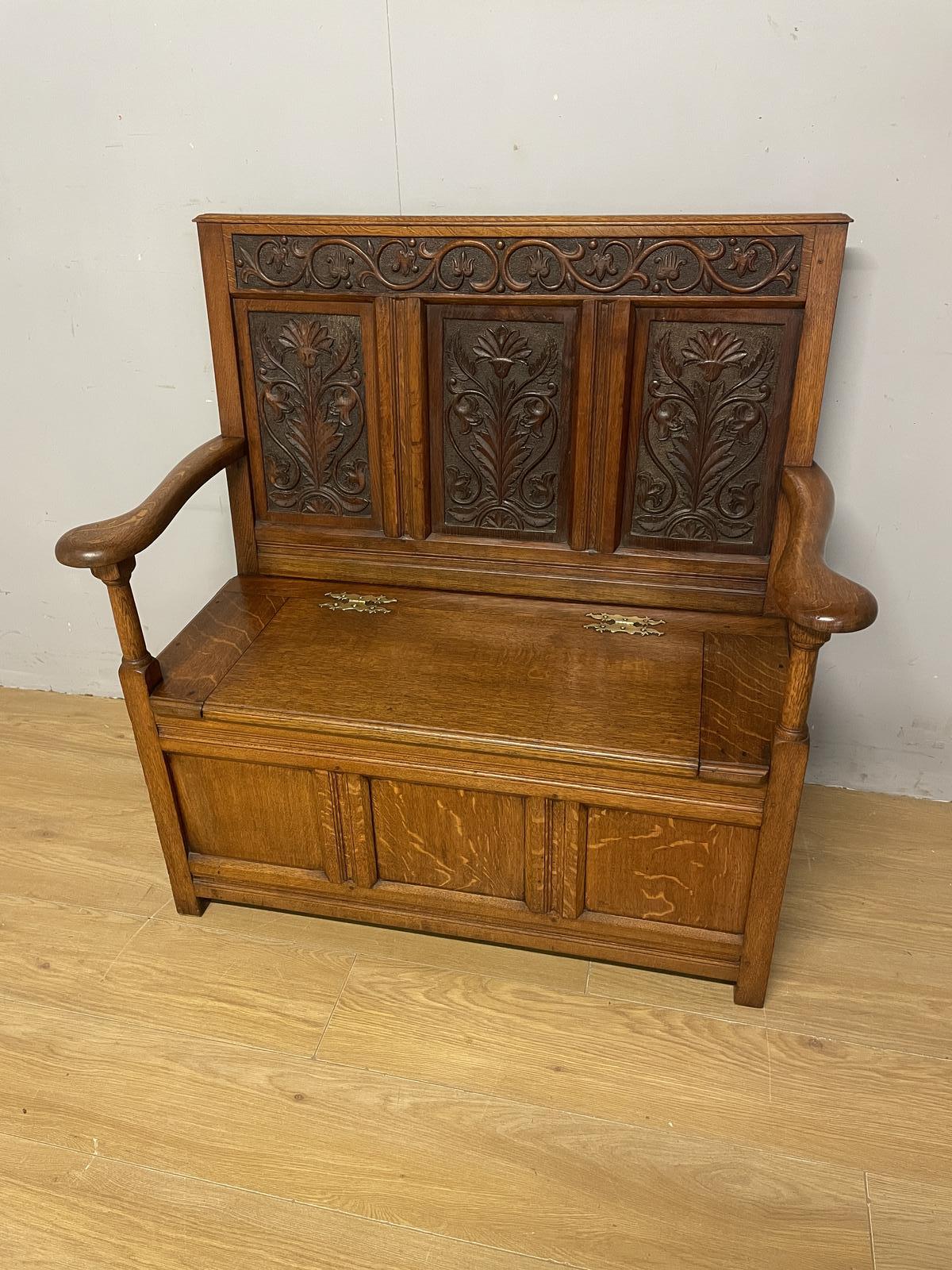 Late 19th Century Golden Oak Carved Box Settle (1 of 10)