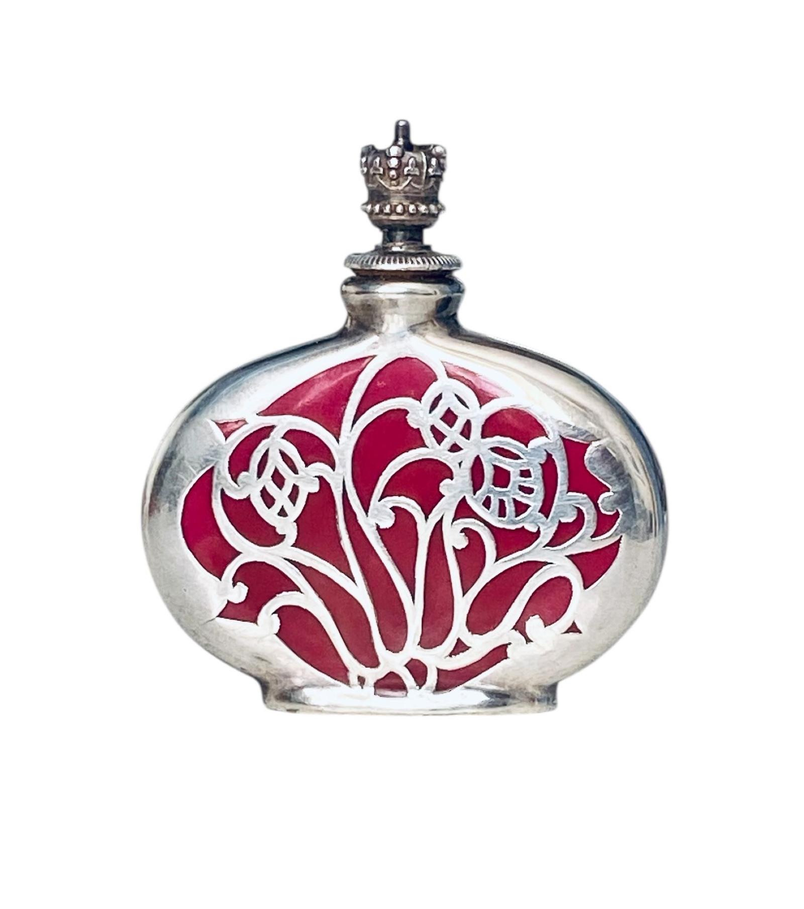 Art Deco German Crown Top Perfume Scent Bottle Enamel & Silver Overlay Circa 1930 (1 of 8)