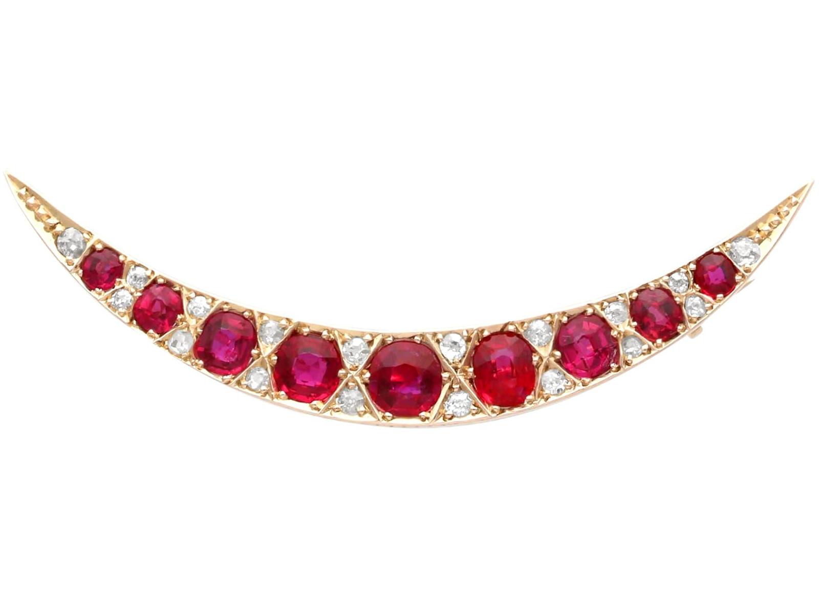 Antique 3.95ct Ruby 0.44ct Diamond & 8ct Yellow Gold Crescent Brooch c.1890 (1 of 9)