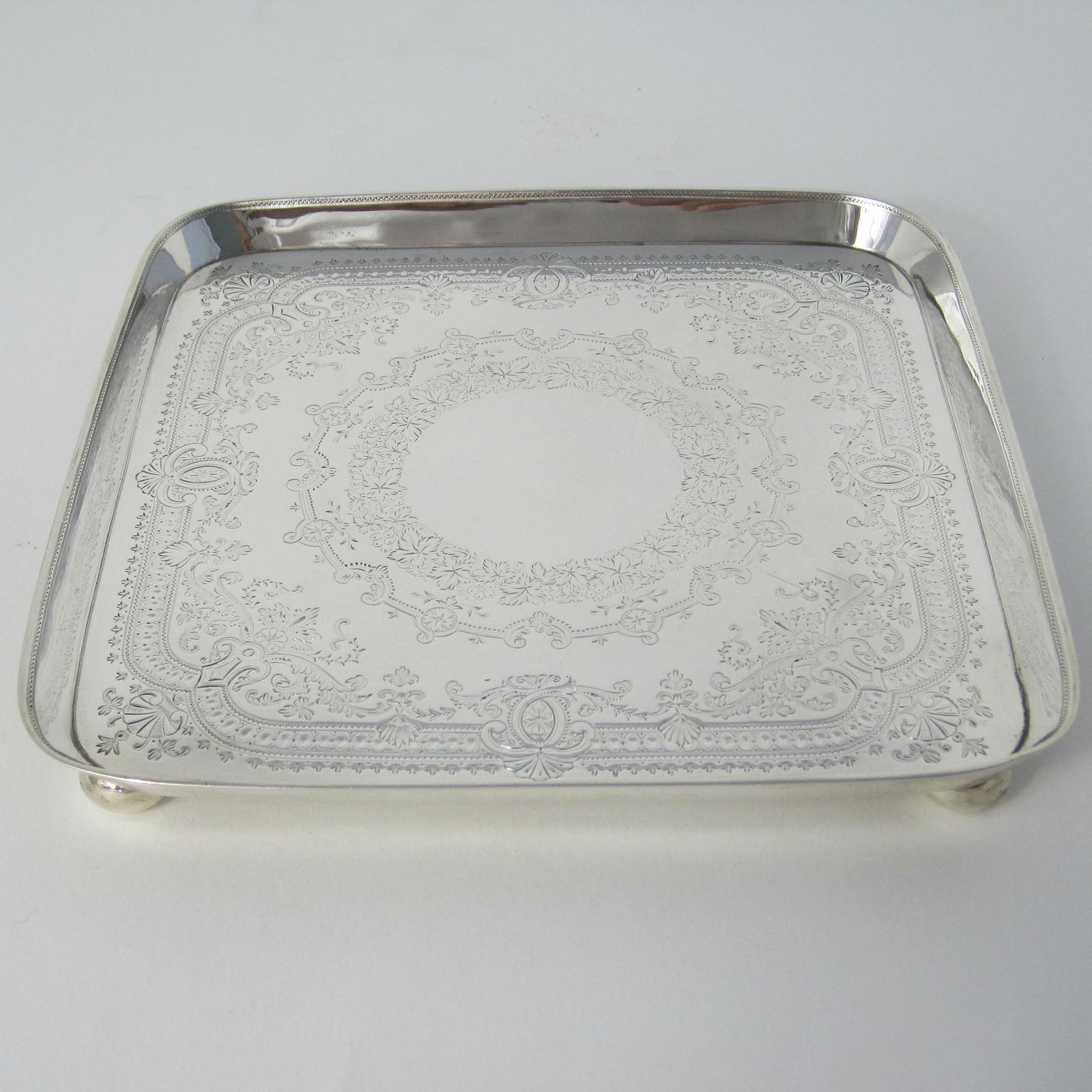 Charming Engraved Square Shaped Victorian Silver Salver (1 of 6) Charming Engraved Square Shaped Victorian Silver Salver (1 of 6)