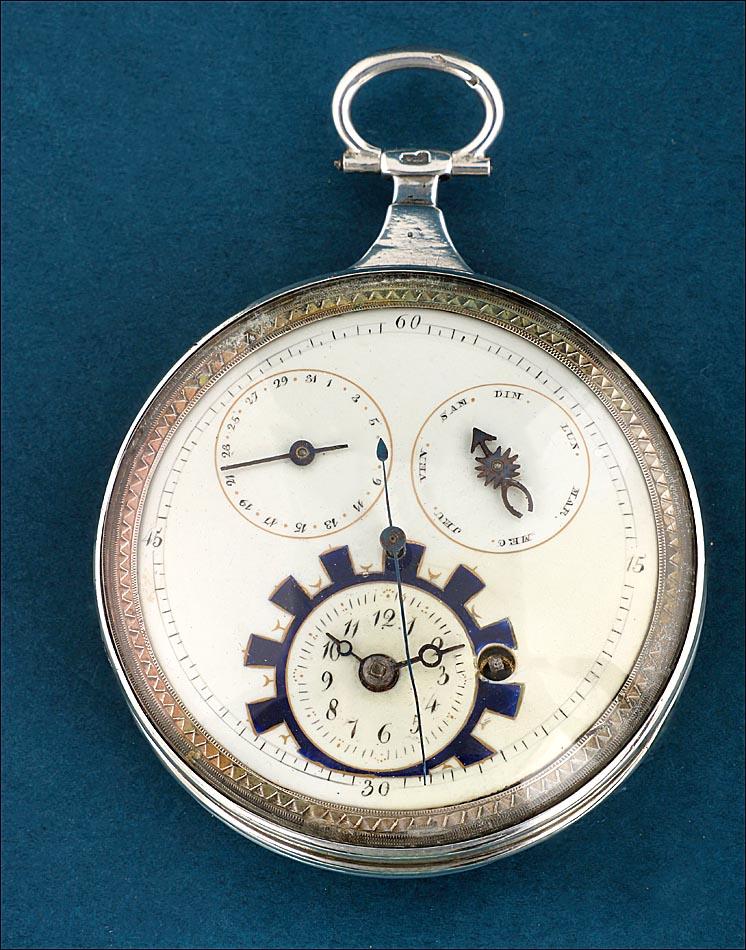 Silver Verge Fusee Pocket Watch with Calendar and Central Seconds, France c. 1820 (1 of 15)