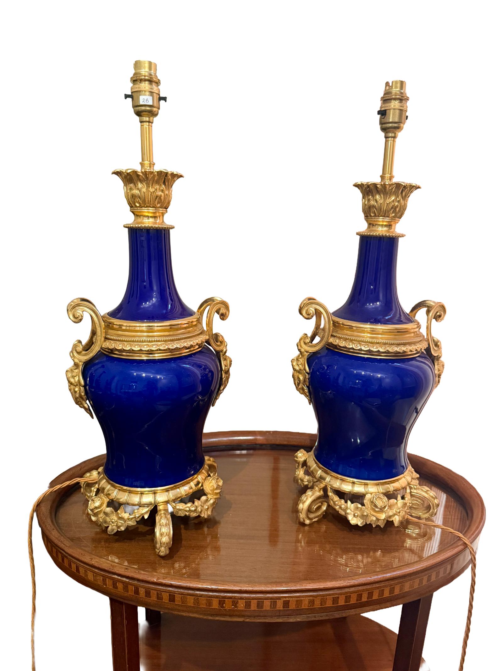 Superb Pair of 19th C. French Blue Porcelain Table Lamps with Ormolu Detailing (1 of 6) Superb Pair of 19th C. French Blue Porcelain Table Lamps with Ormolu Detailing (1 of 6)