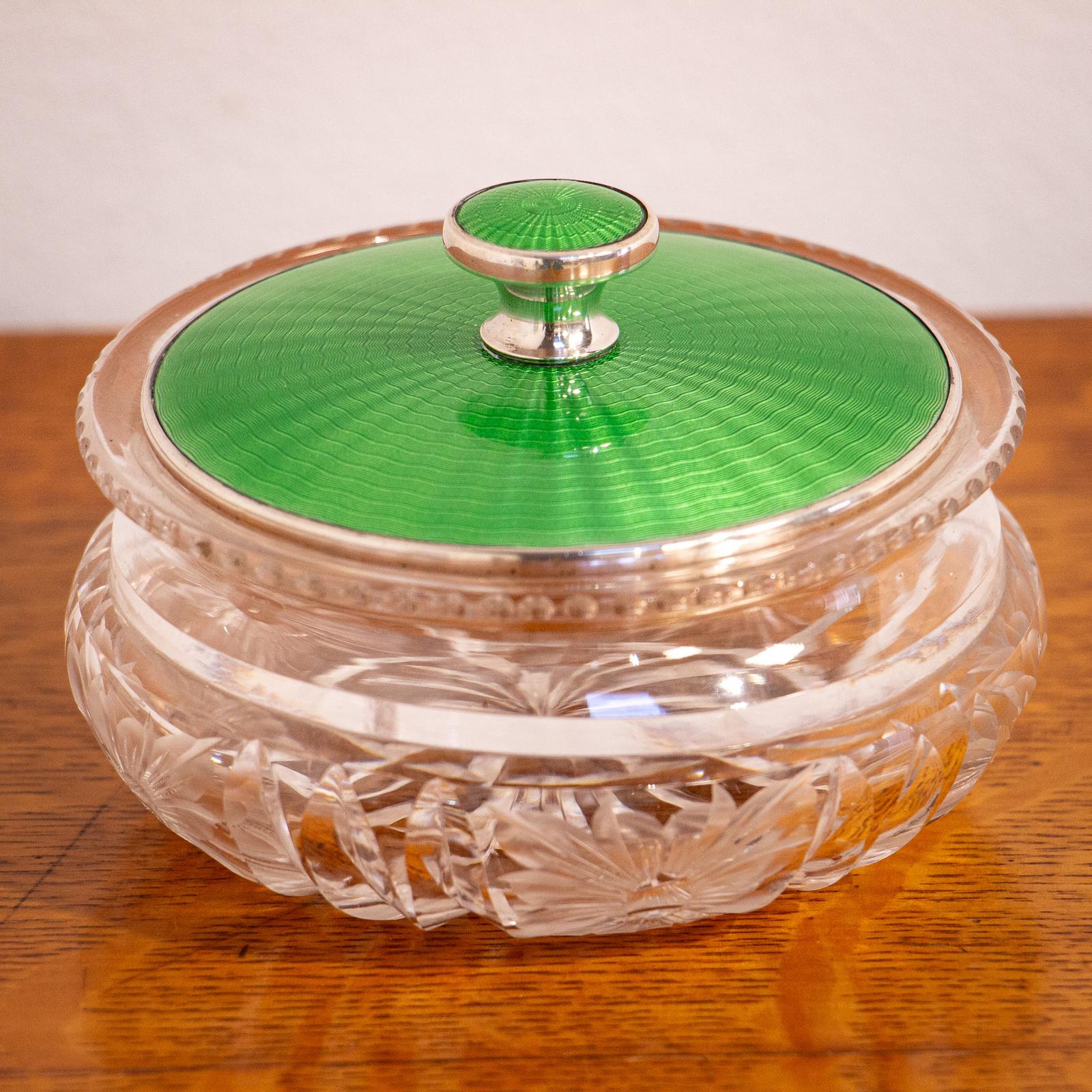Cut Glass Powder Bowl with Silver & Enamel Lid (1 of 8) Cut Glass Powder Bowl with Silver & Enamel Lid (1 of 8)
