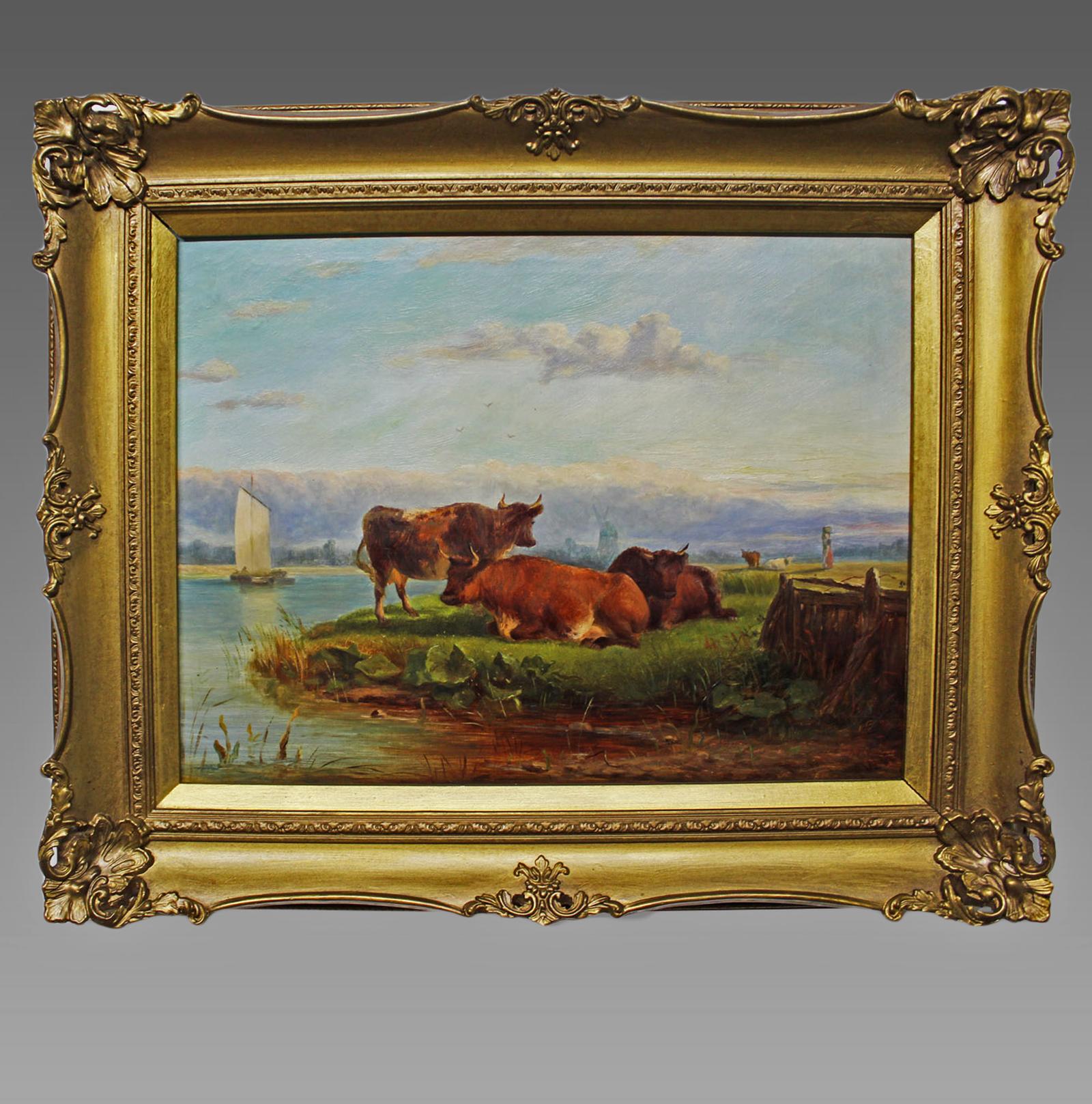 Victorian Oil on Canvas - Landscape with Cattle (1 of 8)