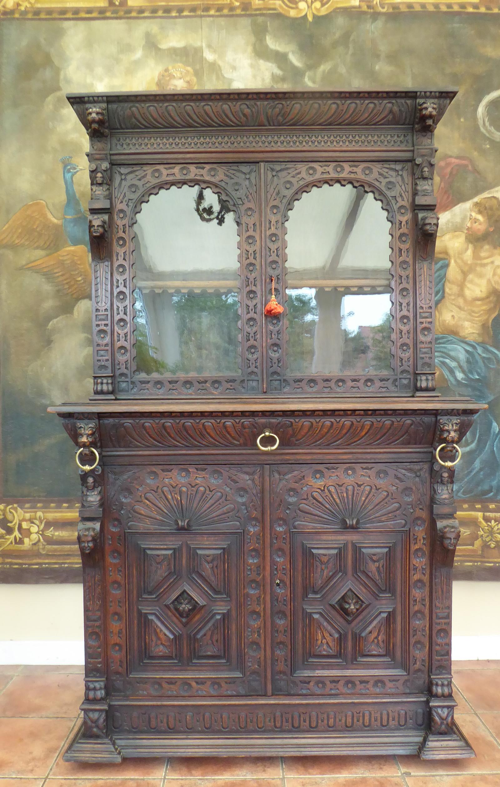 Bookcase Country Oak Carved Faces Lionsheads c.1860 (1 of 18)