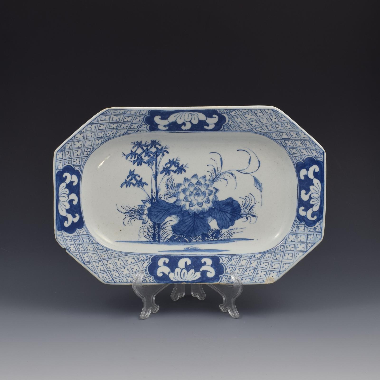 Bow Porcelain Blue & White Lotus & Bamboo Octagonal Serving Dish c.1760 (1 of 7)
