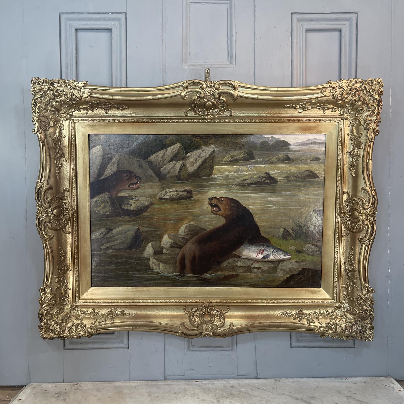 Large Antique River Landscape Oil Painting of Otters Fishing for Salmon Signed A Roland Knight (1 of 2) (1 of 11) Large Antique River Landscape Oil Painting of Otters Fishing for Salmon Signed A Roland Knight (1 of 2) (1 of 11)