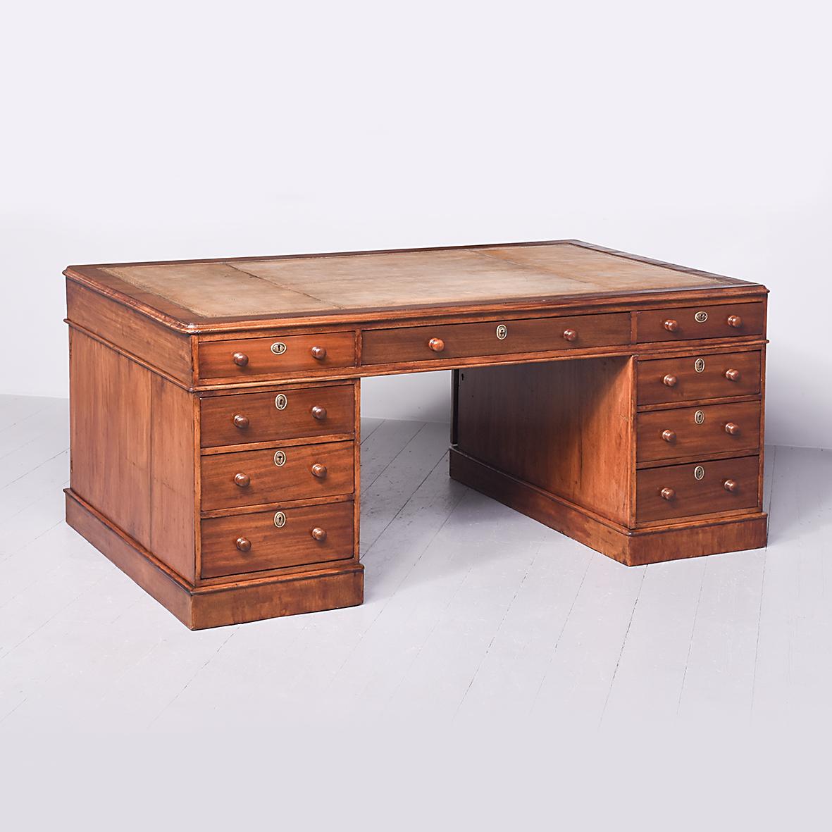 Large Mid Victorian Mahogany Partners Desk with Tan Leather Top (1 of 13)