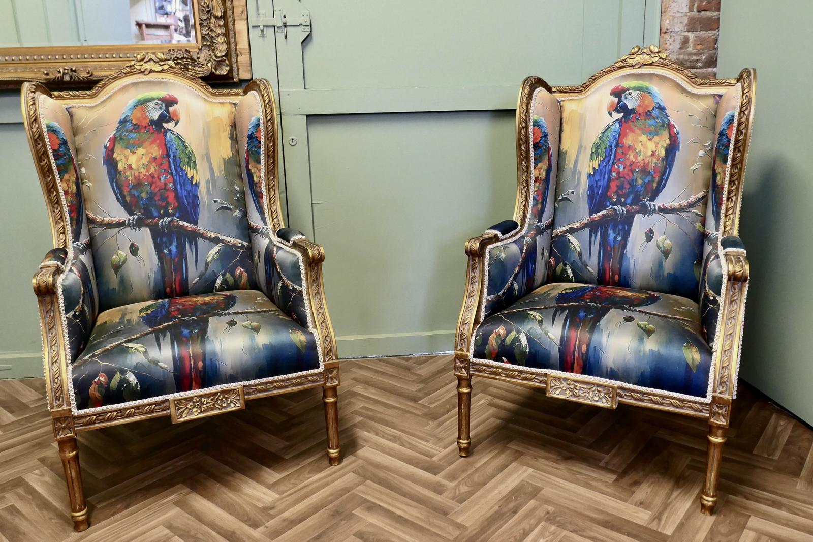 Pair of Salon Chairs with Silk Parrot Design (1 of 8) Pair of Salon Chairs with Silk Parrot Design (1 of 8)