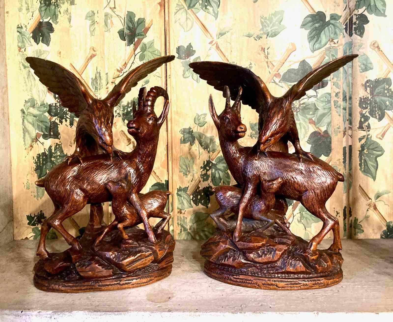 Pair of Black Forest Carvings of Stags Fawns & Eagles (1 of 8)