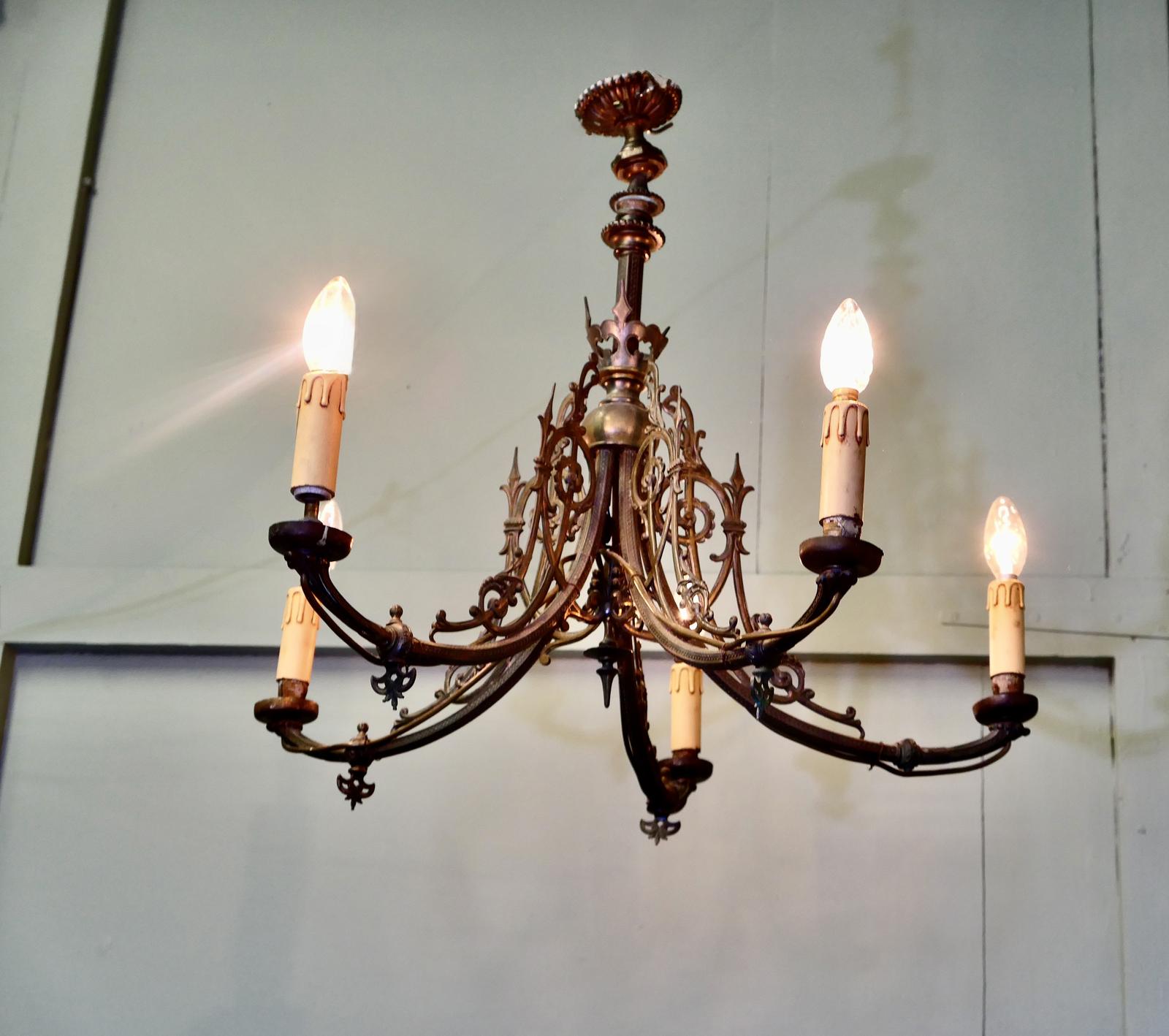 Gothic Gilded Brass 5 Branch Chandelier (1 of 6)