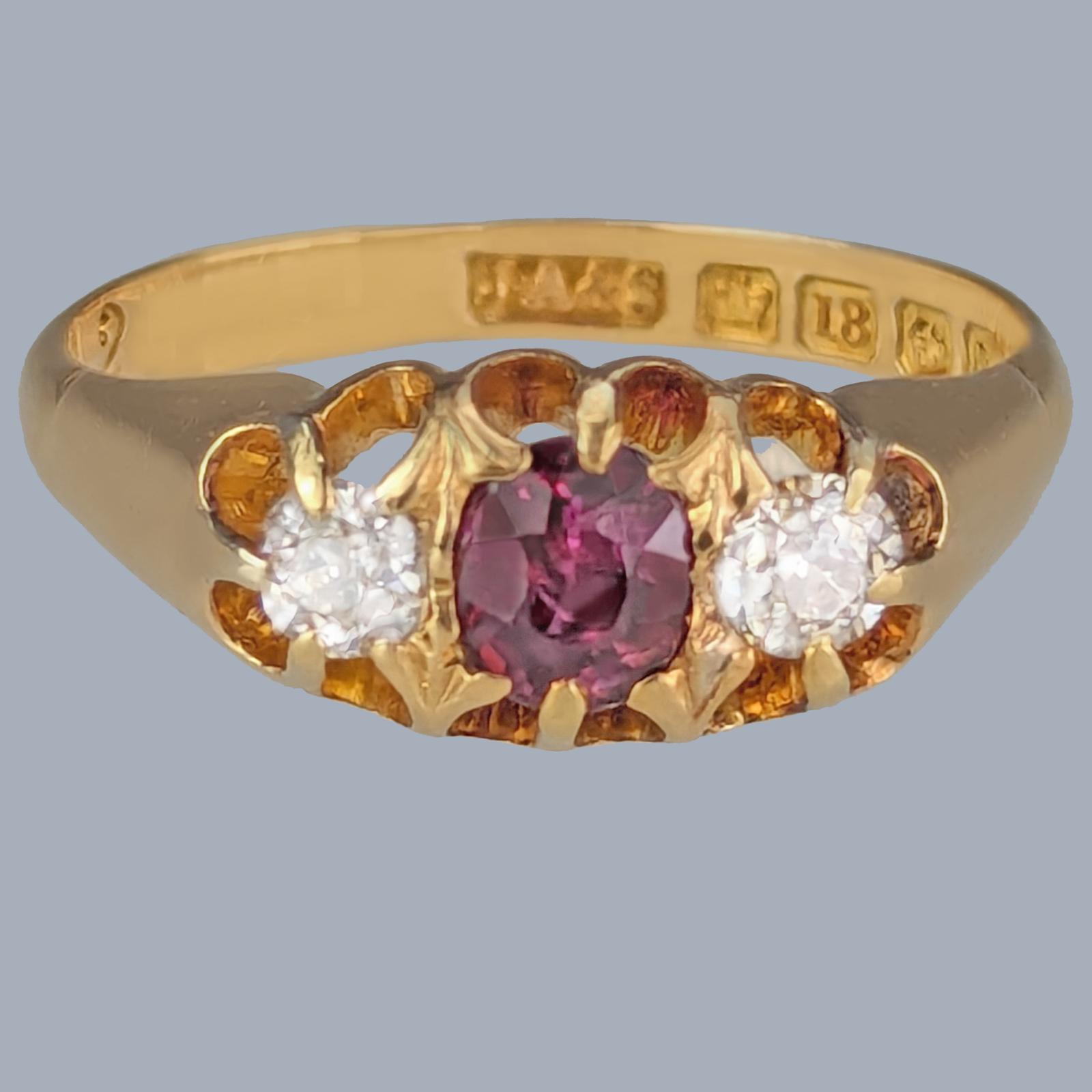 Antique Edwardian Ruby & Diamond Trilogy Ring | 18ct Gold | Birmingham 1901 | Three Stone (1 of 9)