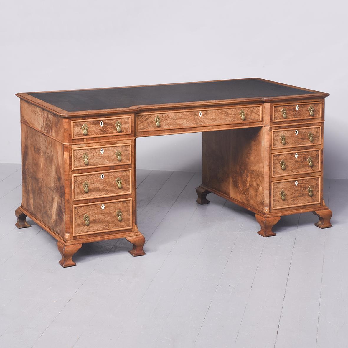 Quality Burr Walnut George II Pedestal Desk (1 of 11)