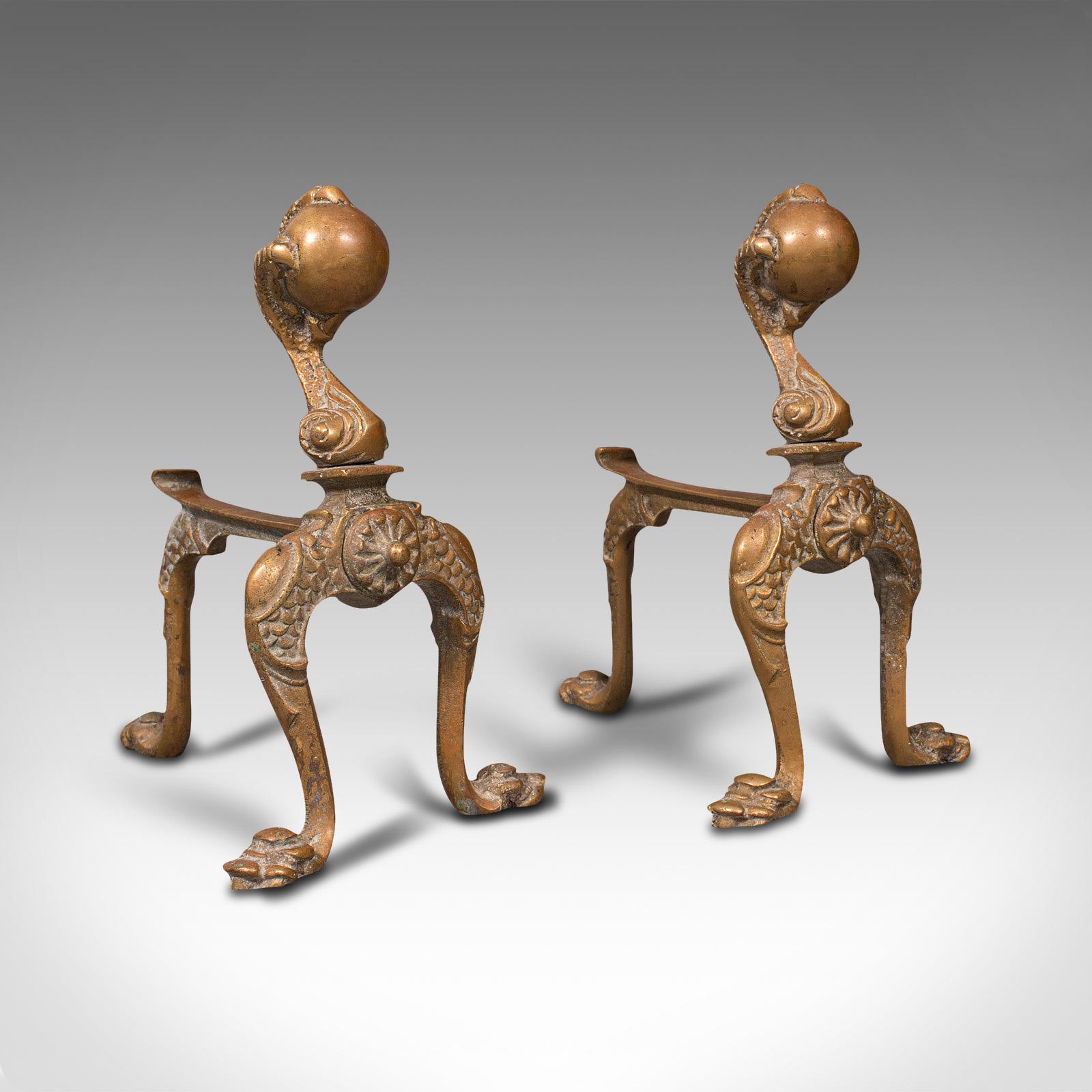 Pair  of Antique Decorative Fireside Tool Rests, French, Brass, Andiron, Victorian (1 of 12)