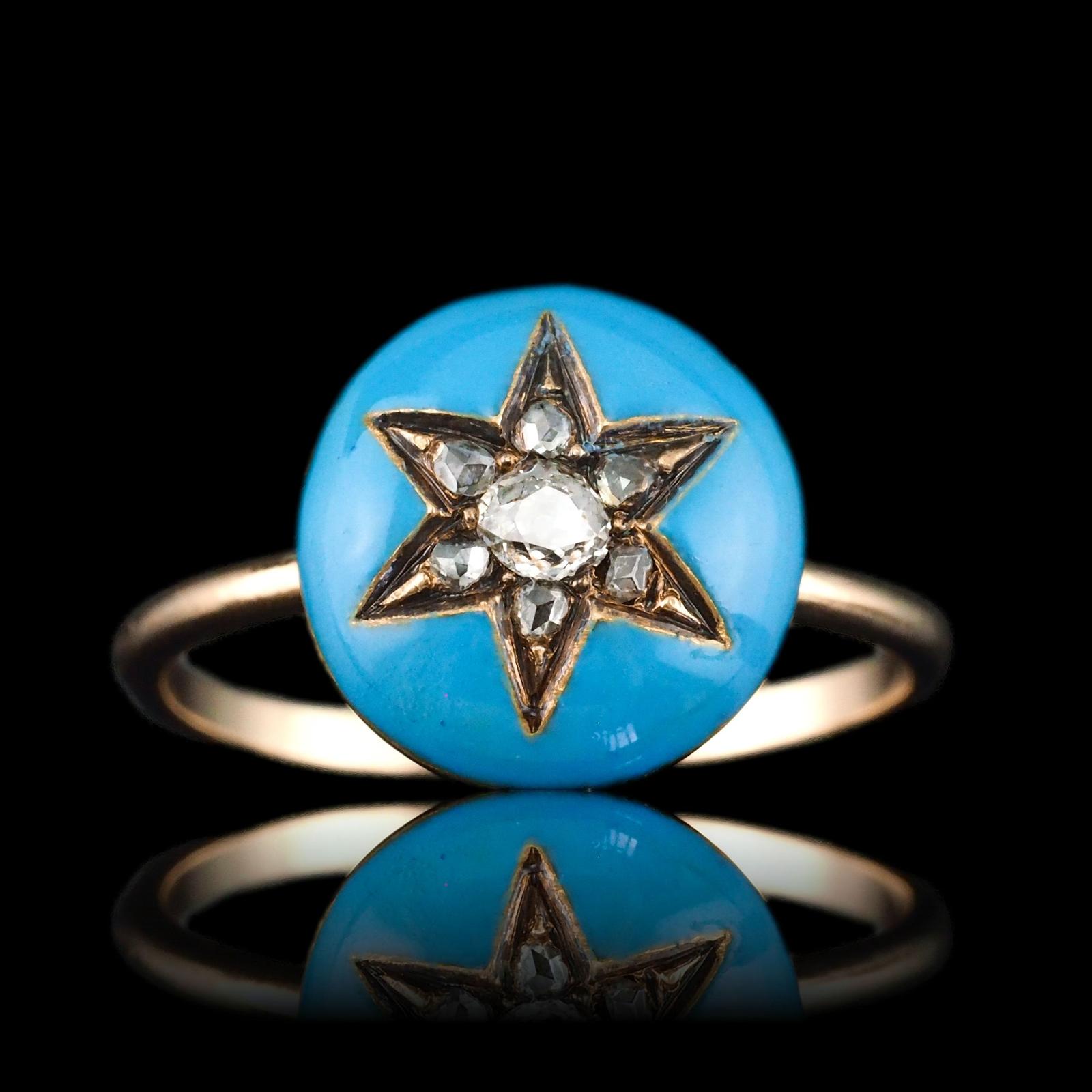 Antique Victorian Diamond Star Ring 9ct Gold Blue Enamel Cabochon c.1890 (1 of 18)