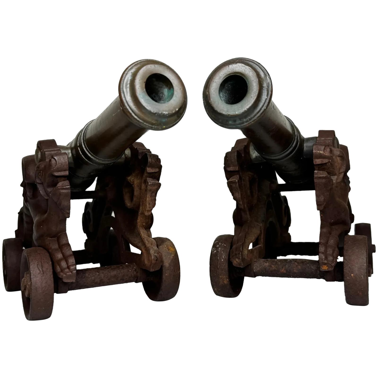 Pair of Decorative Chinese Brass Signal Cannons on Mythical Iron Carriages c.1890 (1 of 76)