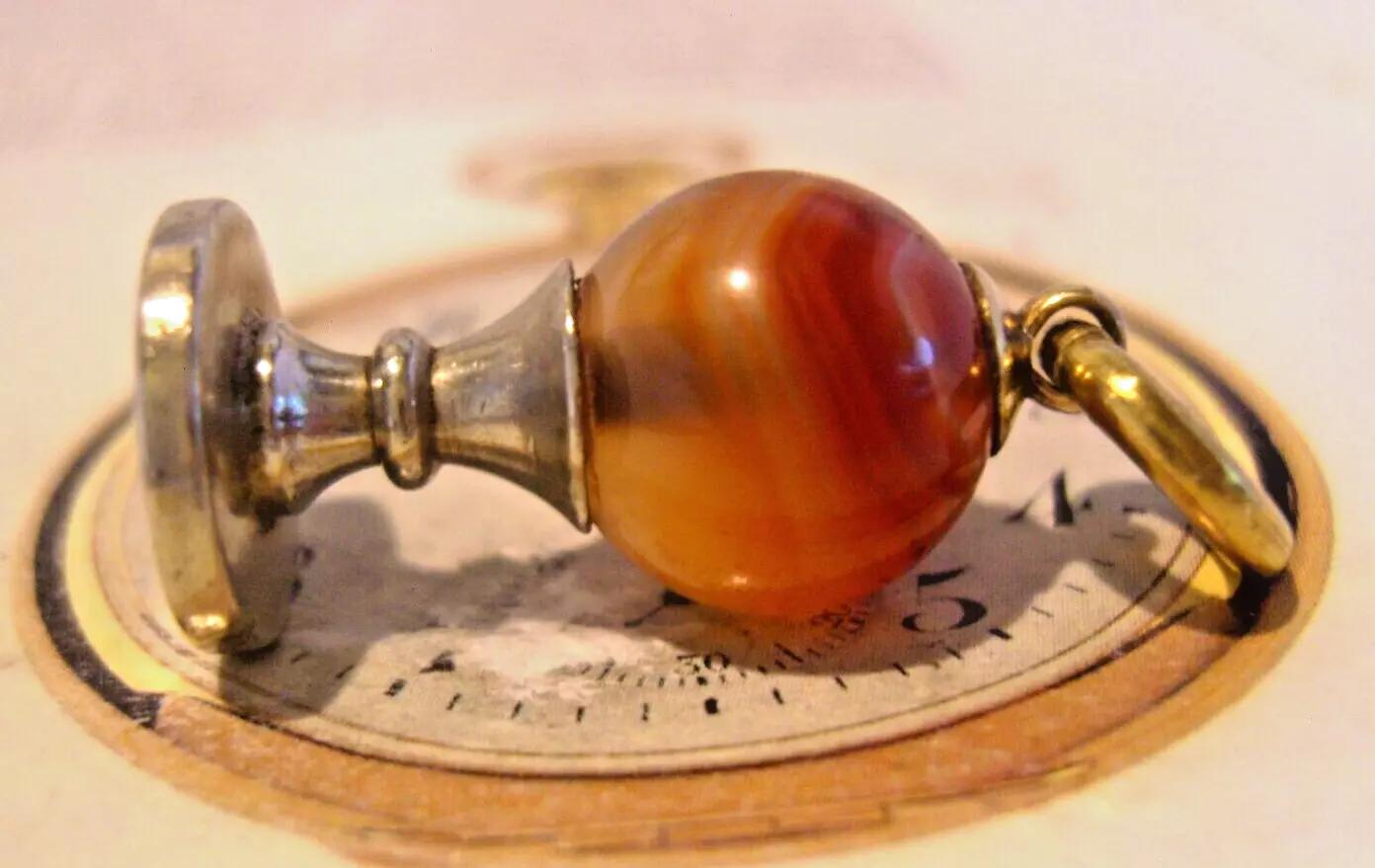 Pocket Watch Chain Fob 1890s Arts & Crafts Brass Silver Nickel & Glass Marble (1 of 8)