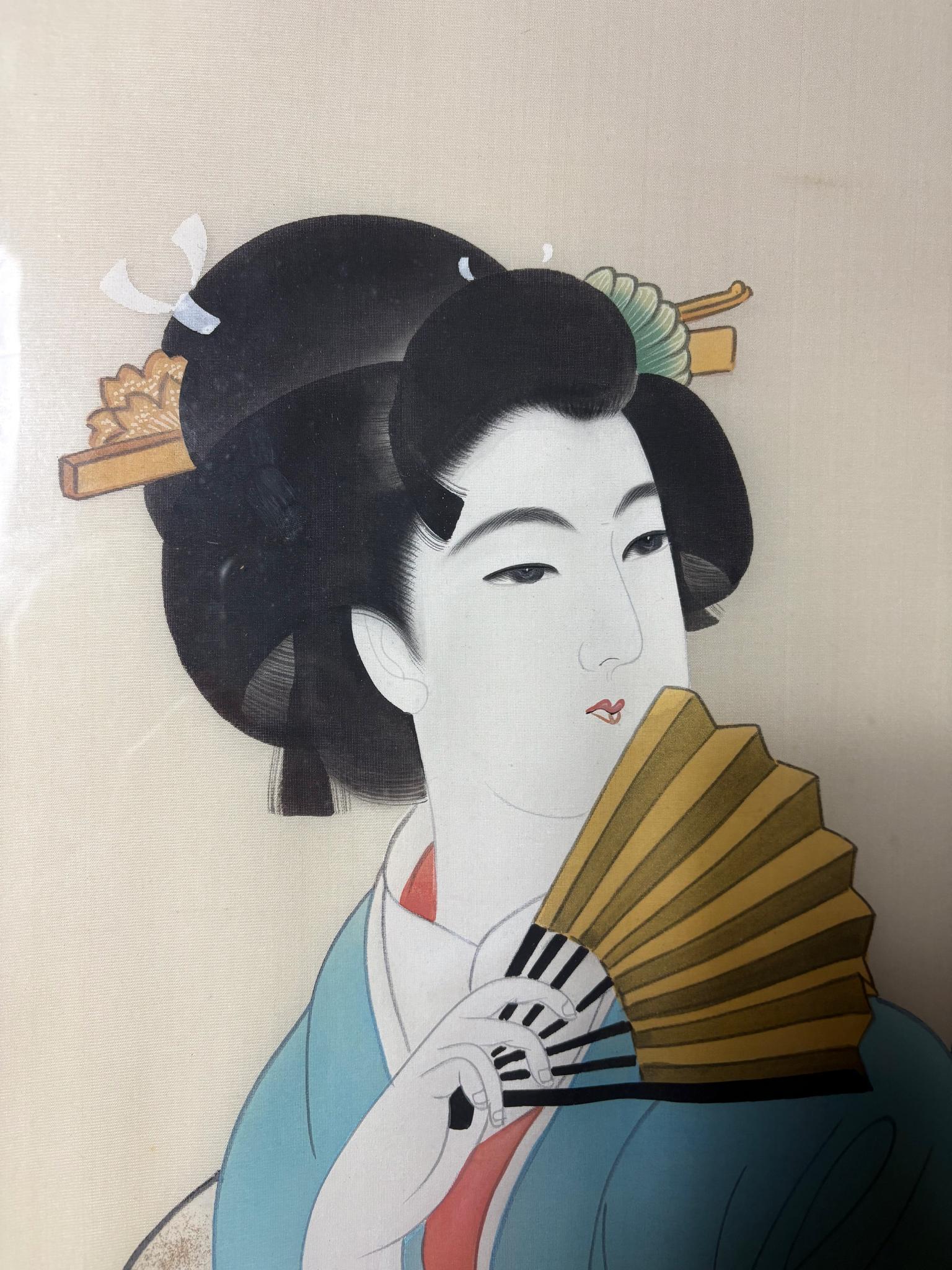 Large Signed Japanese Silk Painting of a Geisha with Fan (1 of 5) Large Signed Japanese Silk Painting of a Geisha with Fan (1 of 5)