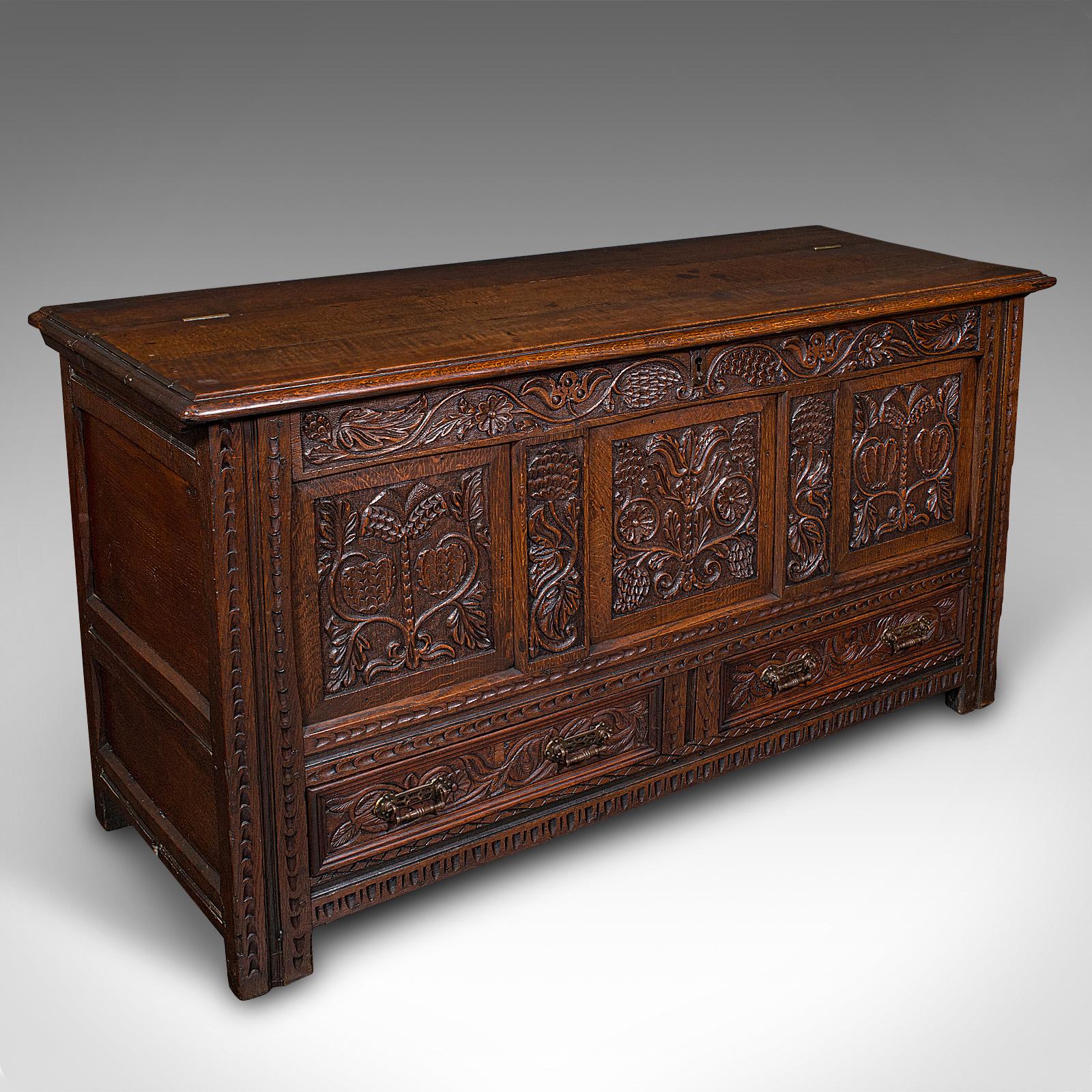 Large Antique Mule Chest, English, Carved Oak, Coffer - William III c.1700 (1 of 12)