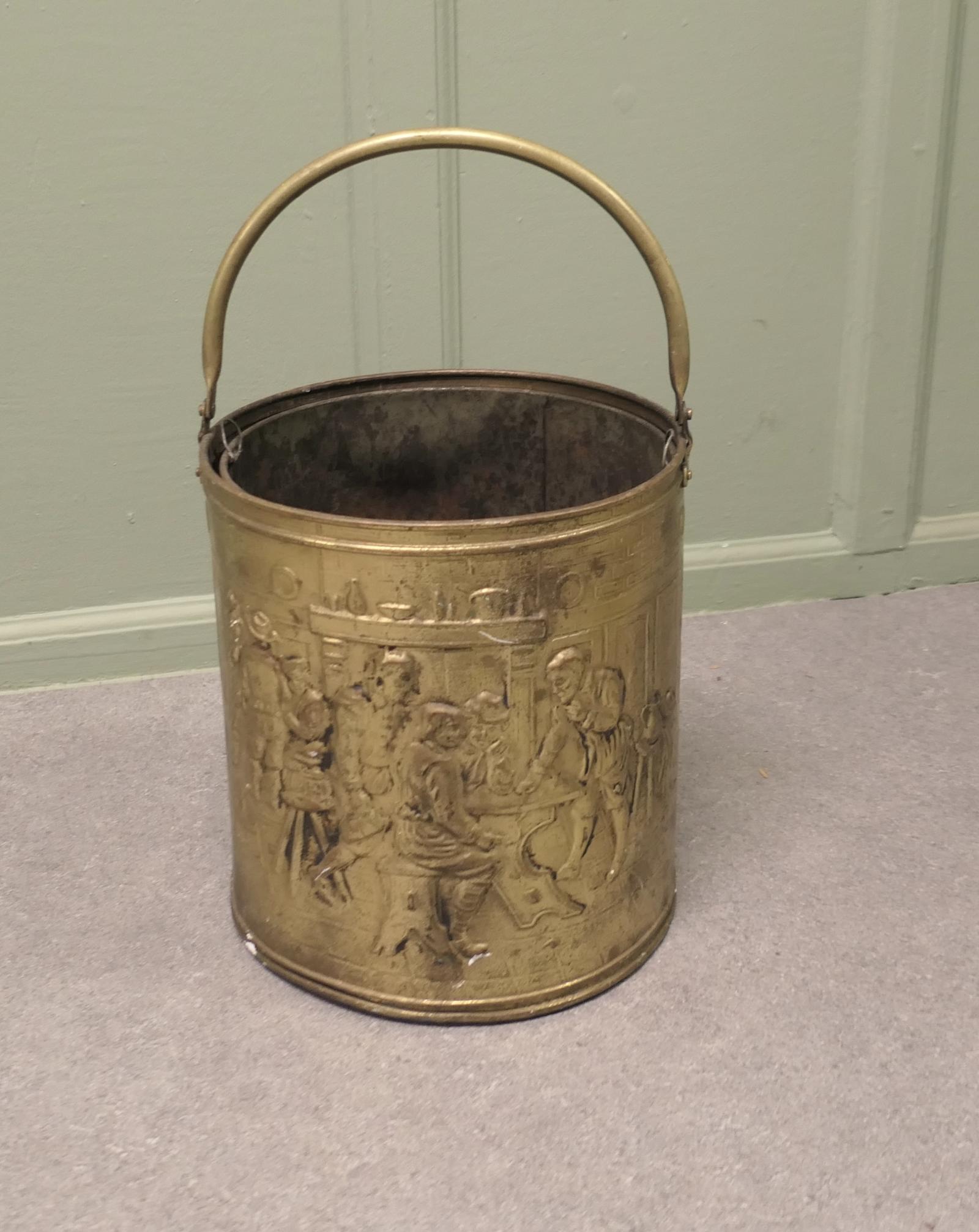 Arts & Crafts Brass Coal Bucket with Tavern Scenes (1 of 6)