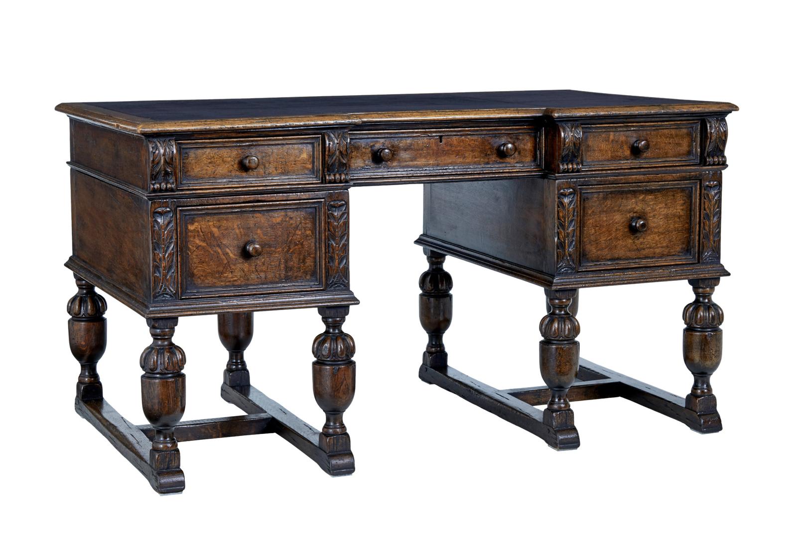 Victorian Late 19th Century Carved Oak Pedestal Desk (1 of 12)