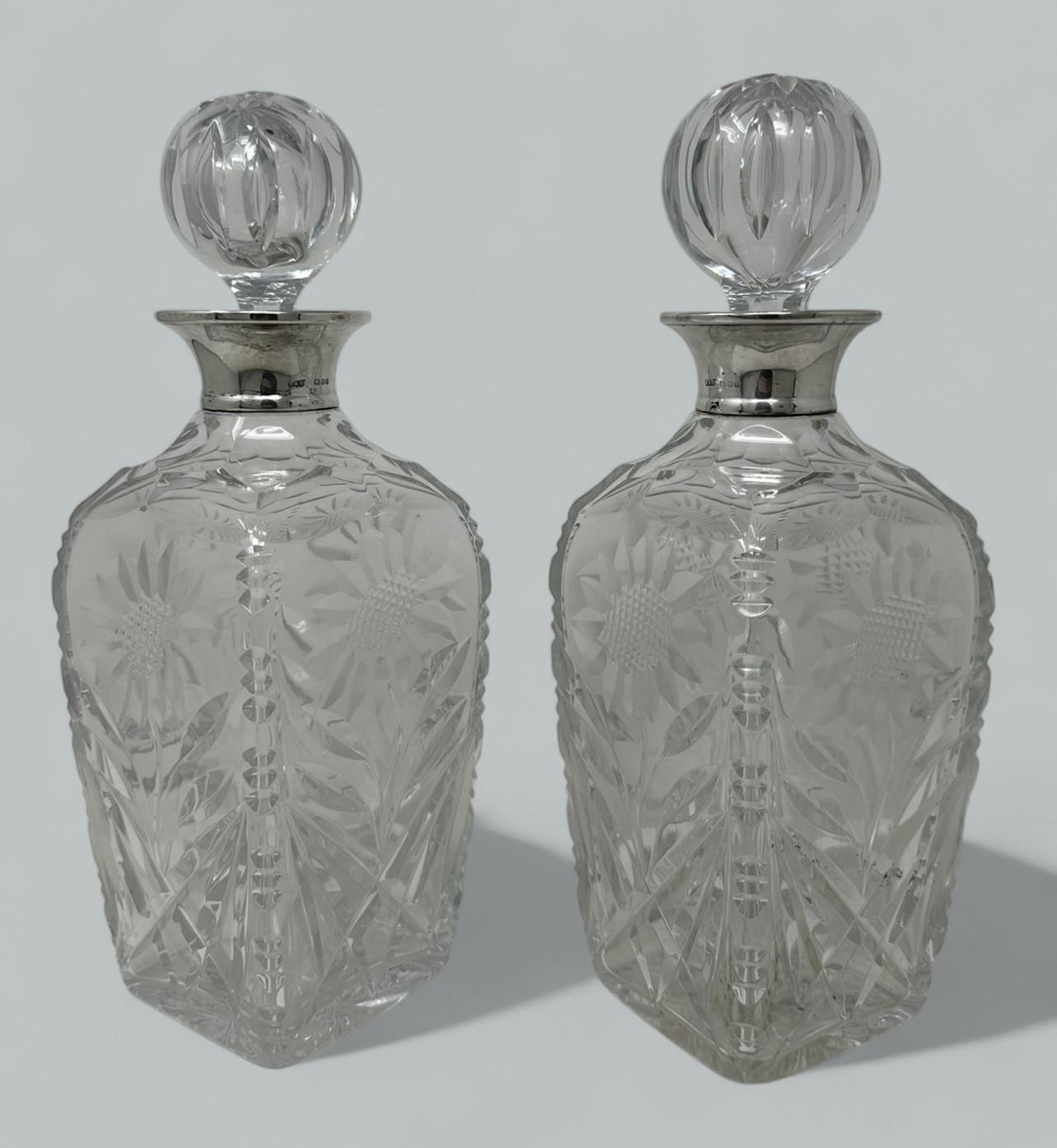 Pair Mid Century Full Lead Crystal Sterling Silver Spirits Wine Decanters, 1966 (1 of 8)