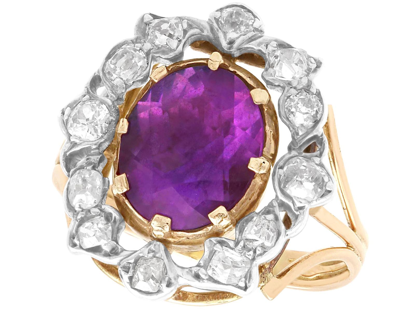 Antique French 4.52ct Amethyst & 0.98ct Diamond, 14ct Yellow Gold Cluster Ring c.1850 (1 of 9)