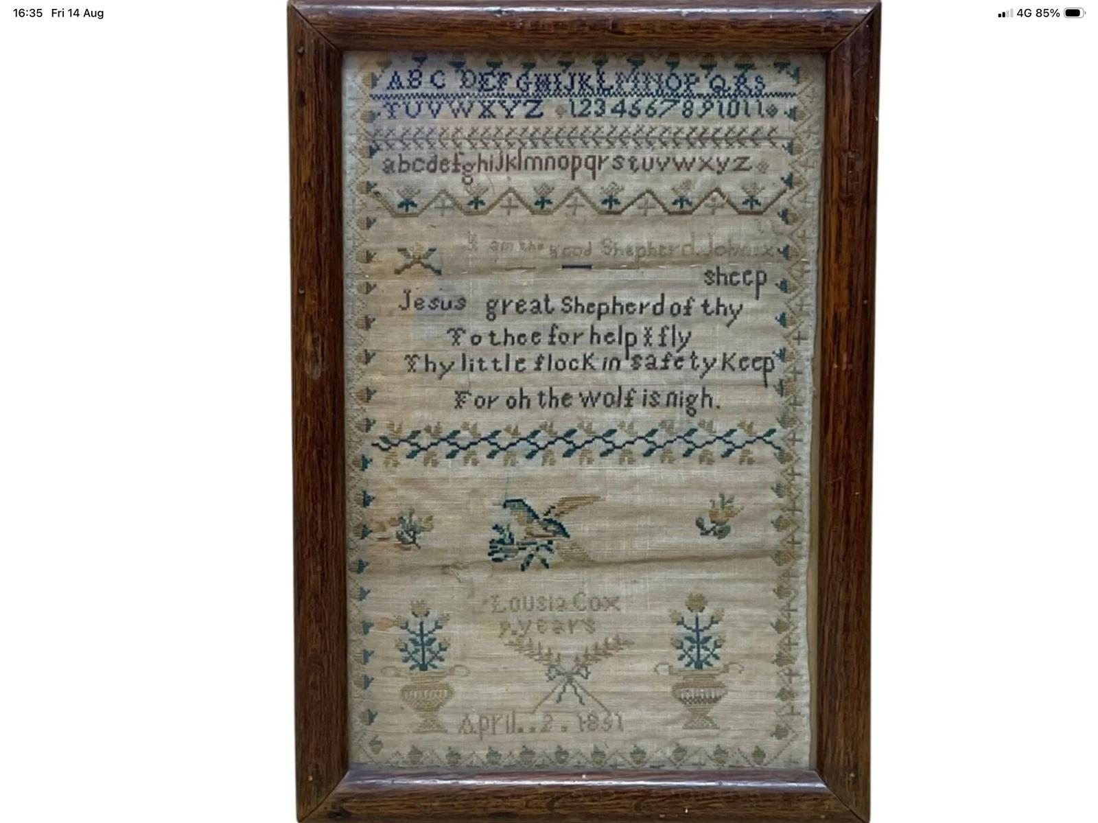 Victorian Needlework Sampler Numbers, Letters, Birds, Verse, Alpabet by Louisa Cox c.1851 (1 of 8) Victorian Needlework Sampler Numbers, Letters, Birds, Verse, Alpabet by Louisa Cox c.1851 (1 of 8)