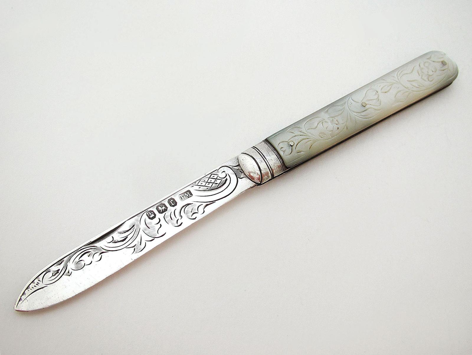 Antique English Victorian Sterling Silver & Mother of Pearl Folding Fruit Knife, Bright-cut Floral Engravings (1 of 7)