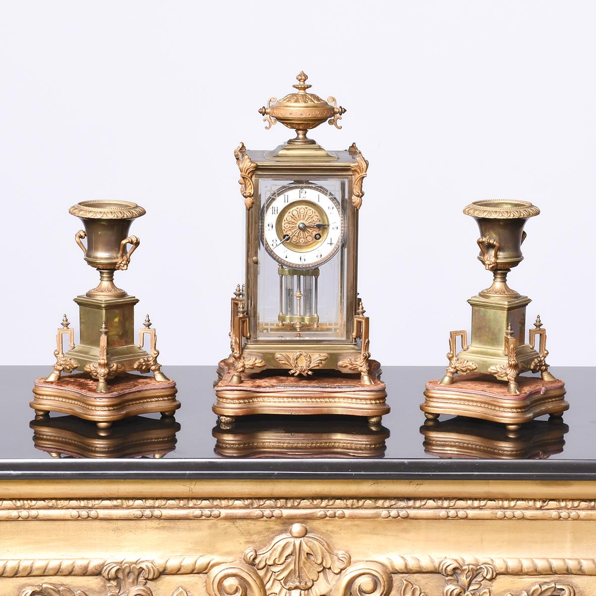 Neo-classical Style Gilded Brass Late Victorian Clock Garniture (1 of 9)