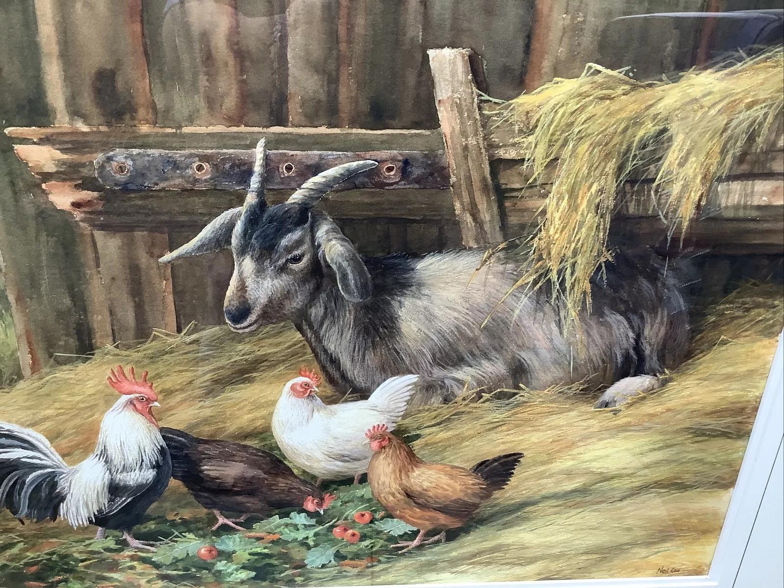 Neil Cox - Fine Quality Original Watercolour of Farmyard Scene of Goat & Hens (1 of 7)