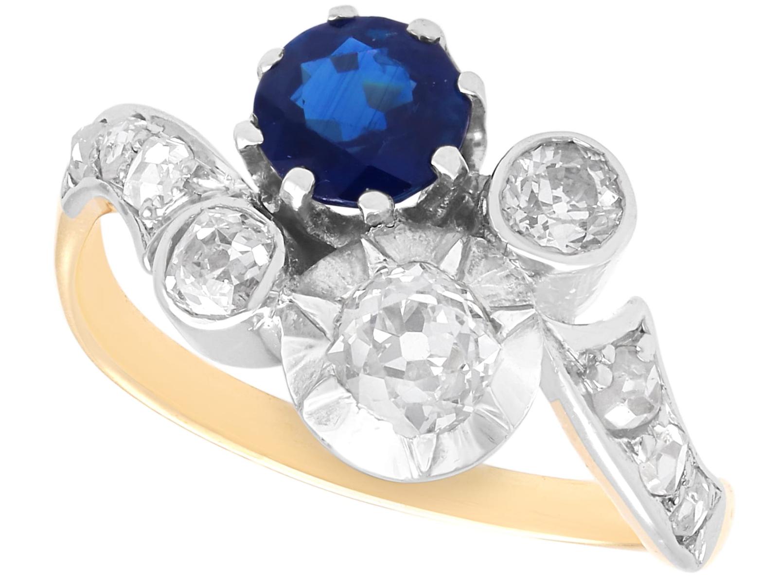Antique 0.80ct Sapphire & 1.23ct Diamond, 18k Yellow Gold Twist Ring c.1890 (1 of 14)