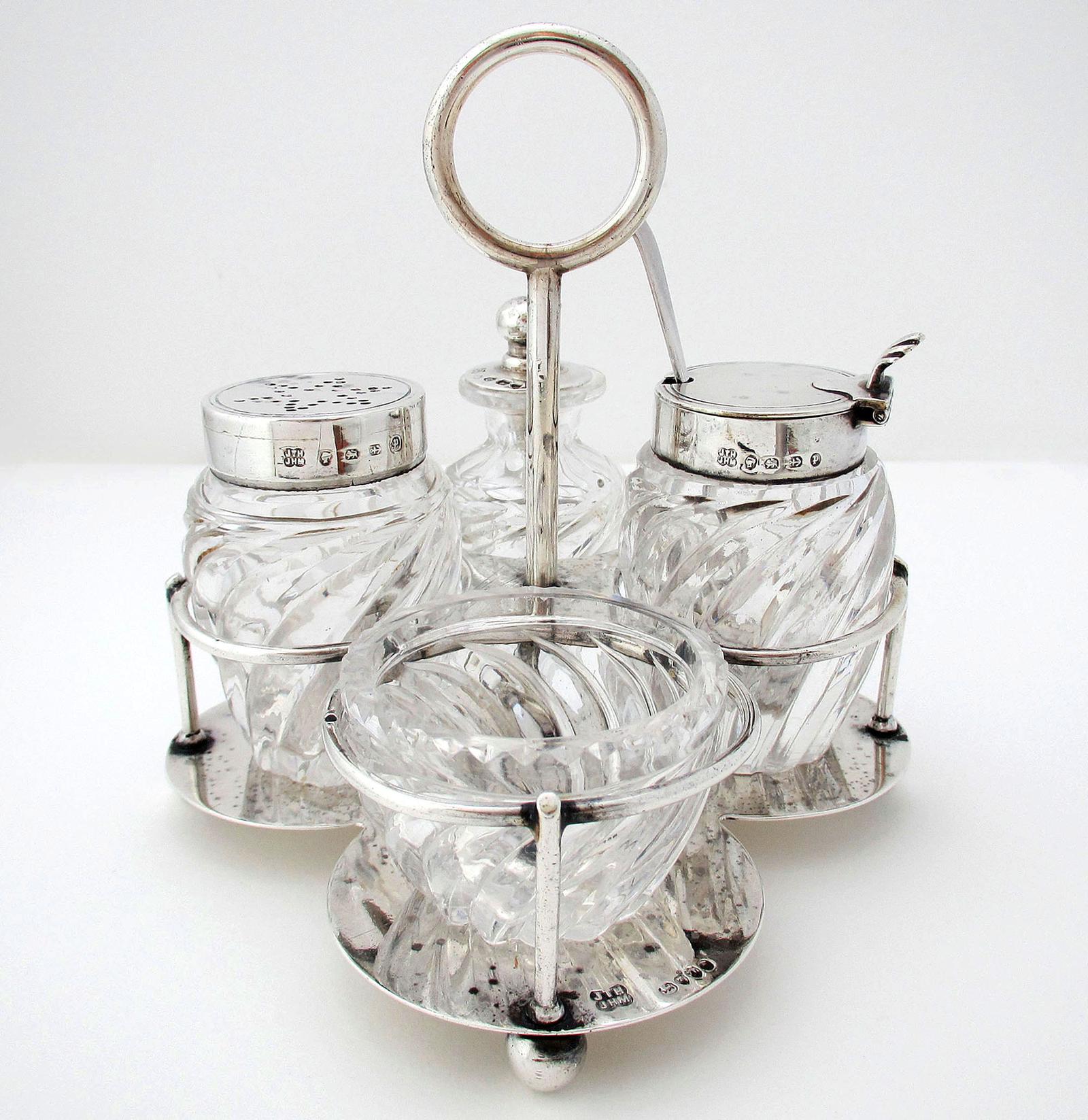Superb Hukin & Heath Solid Sterling Silver Glass English Antique 4 Piece Cruet: Pepper Shaker, Salt, Mustard Pot, Cayenne Jar & Spoon (1 of 10)