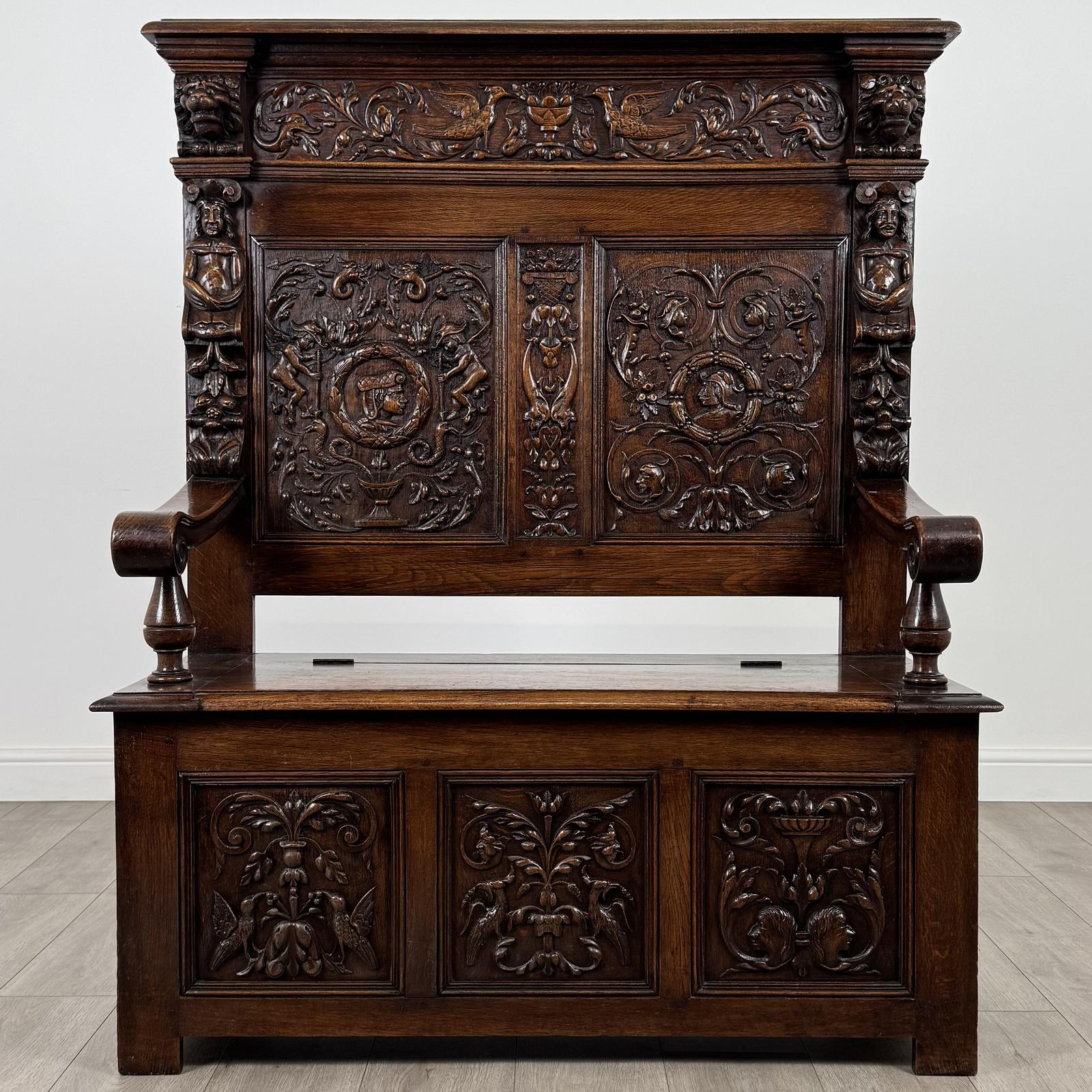 Antique 19th Century Finest Quality Carved Oak Settle (1 of 13)