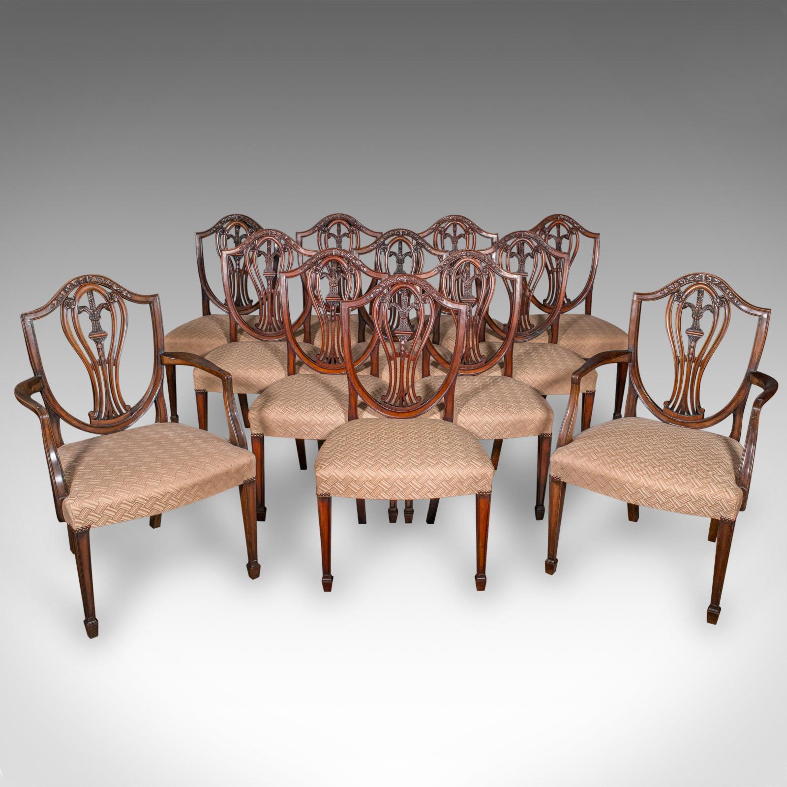 Set of 12 Antique Dining Chairs, English, Carver, Seat, Hepplewhite, Edwardian (1 of 12)