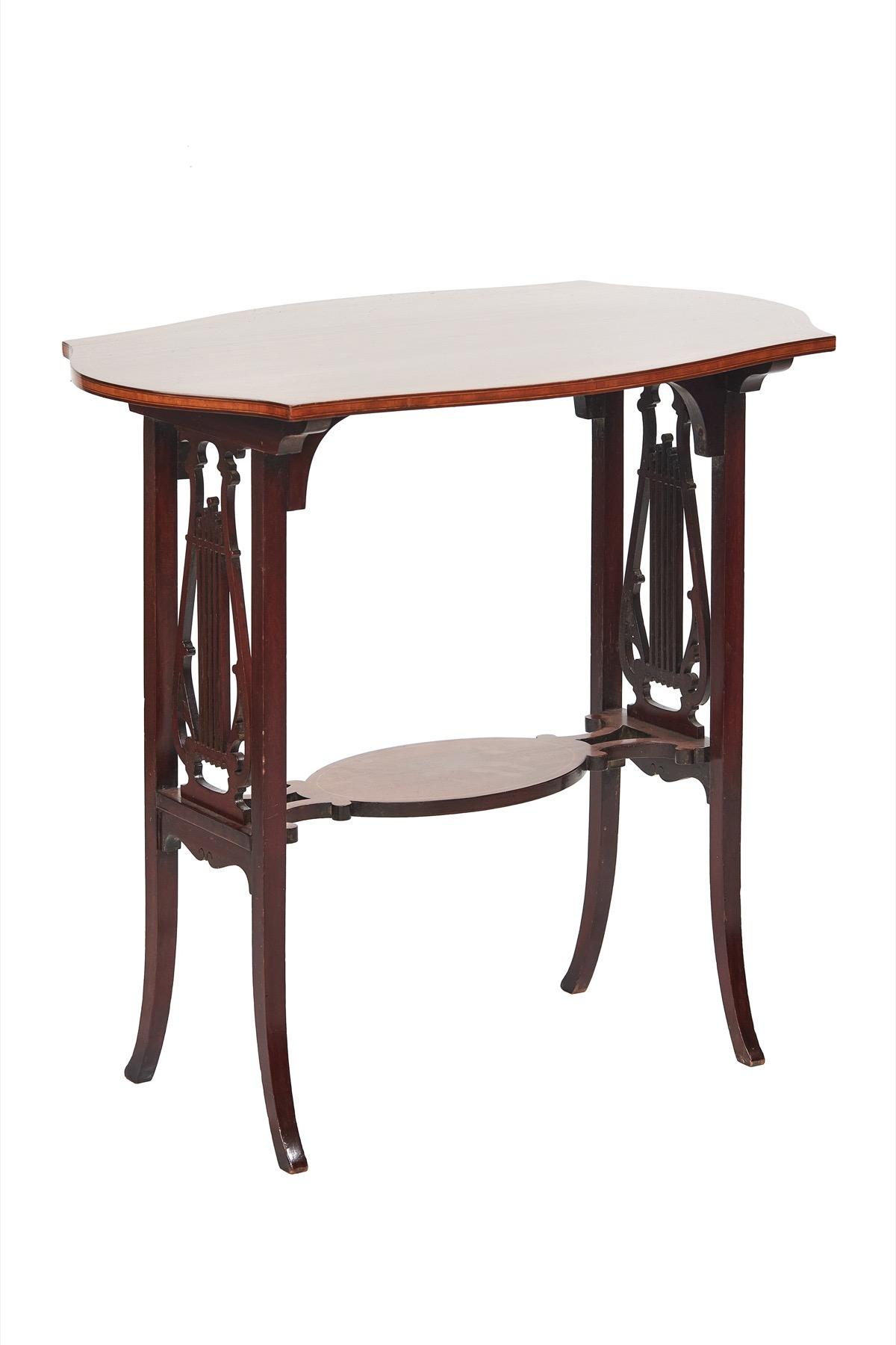 Fine Sheraton Revival Mahogany Inlaid & Carved Lyre End Support Table [a] (1 of 6)