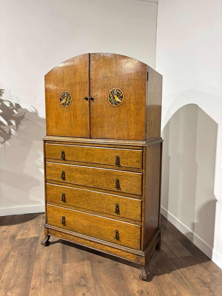 1930s Oak Inlaid Dome Top Tallboy (1 of 18)