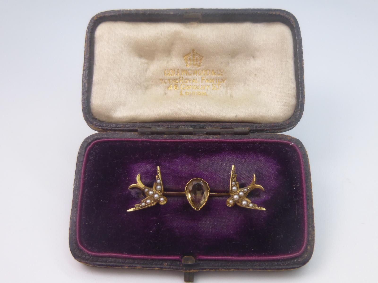 Edwardian Gold, Pearl & Yellow Stone Swallow Brooch (1 of 5)