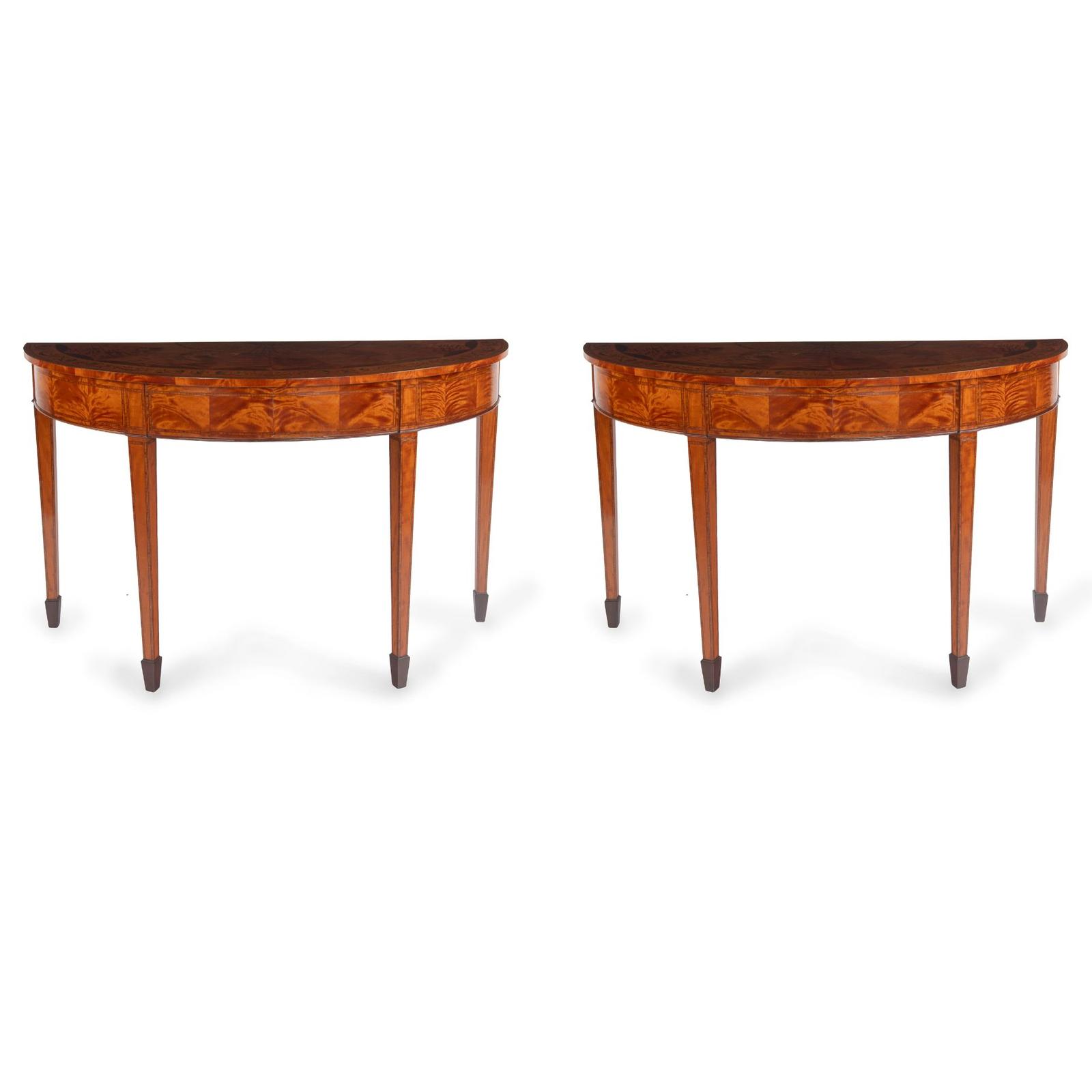 Pair of Late 19th Century Demilune Satinwood and Inlaid Side or Console Tables in the Neoclassical Style Attributed to Edwards and Roberts (1 of 10) Pair of Late 19th Century Demilune Satinwood and Inlaid Side or Console Tables in the Neoclassical Style Attributed to Edwards and Roberts (1 of 10)