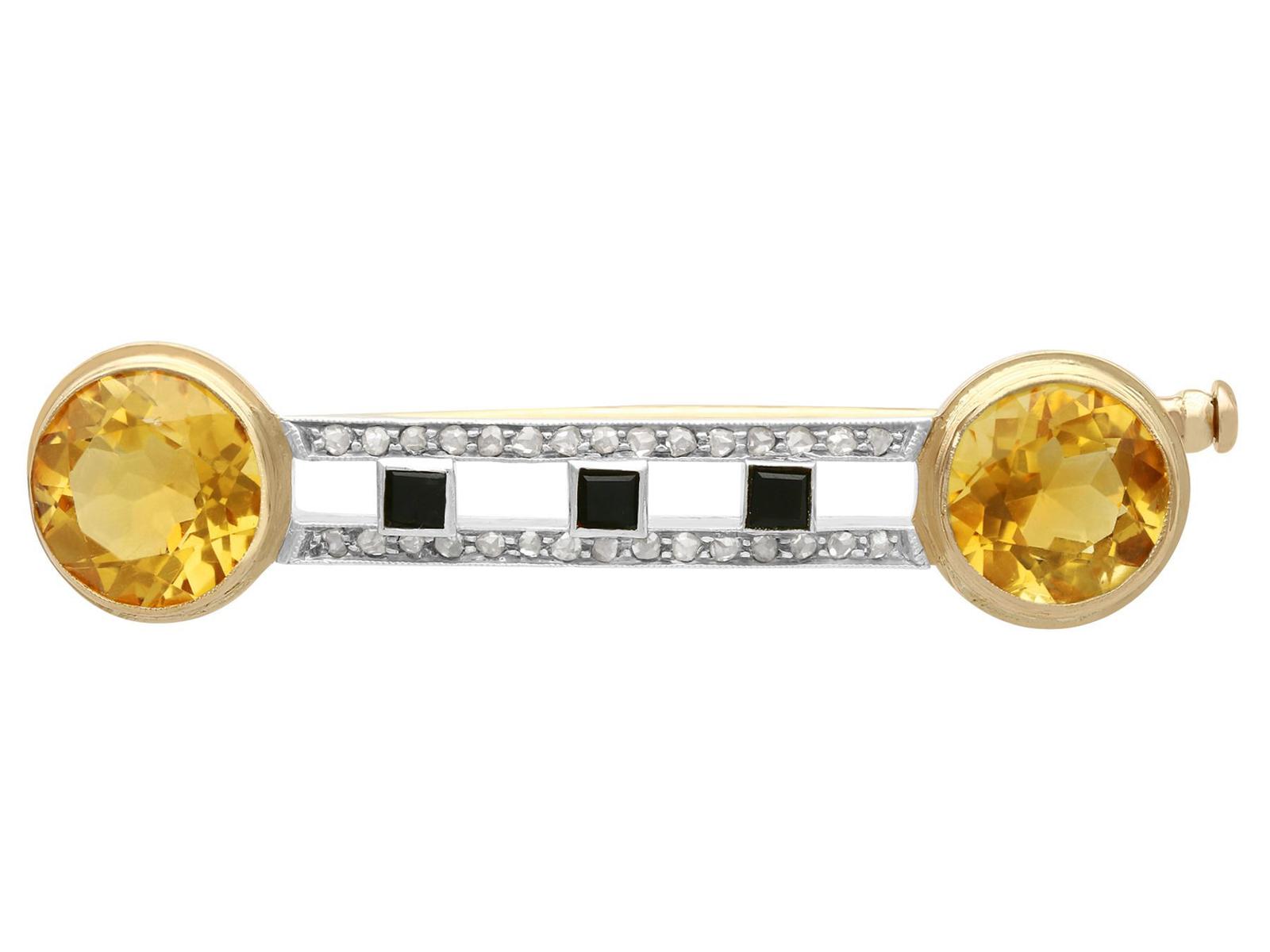 Antique 6.69ct Citrine, 0.28ct Diamond & Onyx 14ct Yellow Gold Brooch c.1920 (1 of 10)